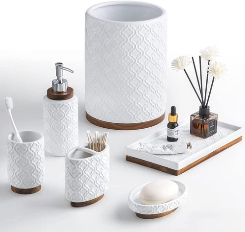 Bathroom Accessories Set 6 Pcs Ceramic Wooden Bathroom Set with Soap Dispenser Toothbrush Holder Tray Tumbler Soap Dish Trash Can（White）