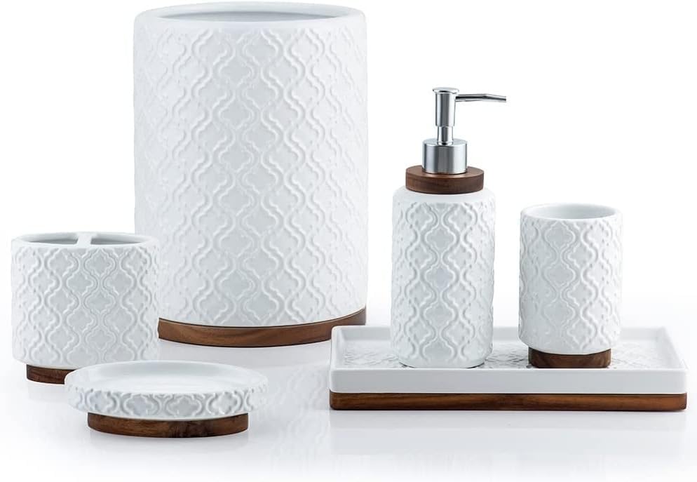 Bathroom Accessories Set 6 Pcs Ceramic Wooden Bathroom Set with Soap Dispenser Toothbrush Holder Tray Tumbler Soap Dish Trash Can（White）