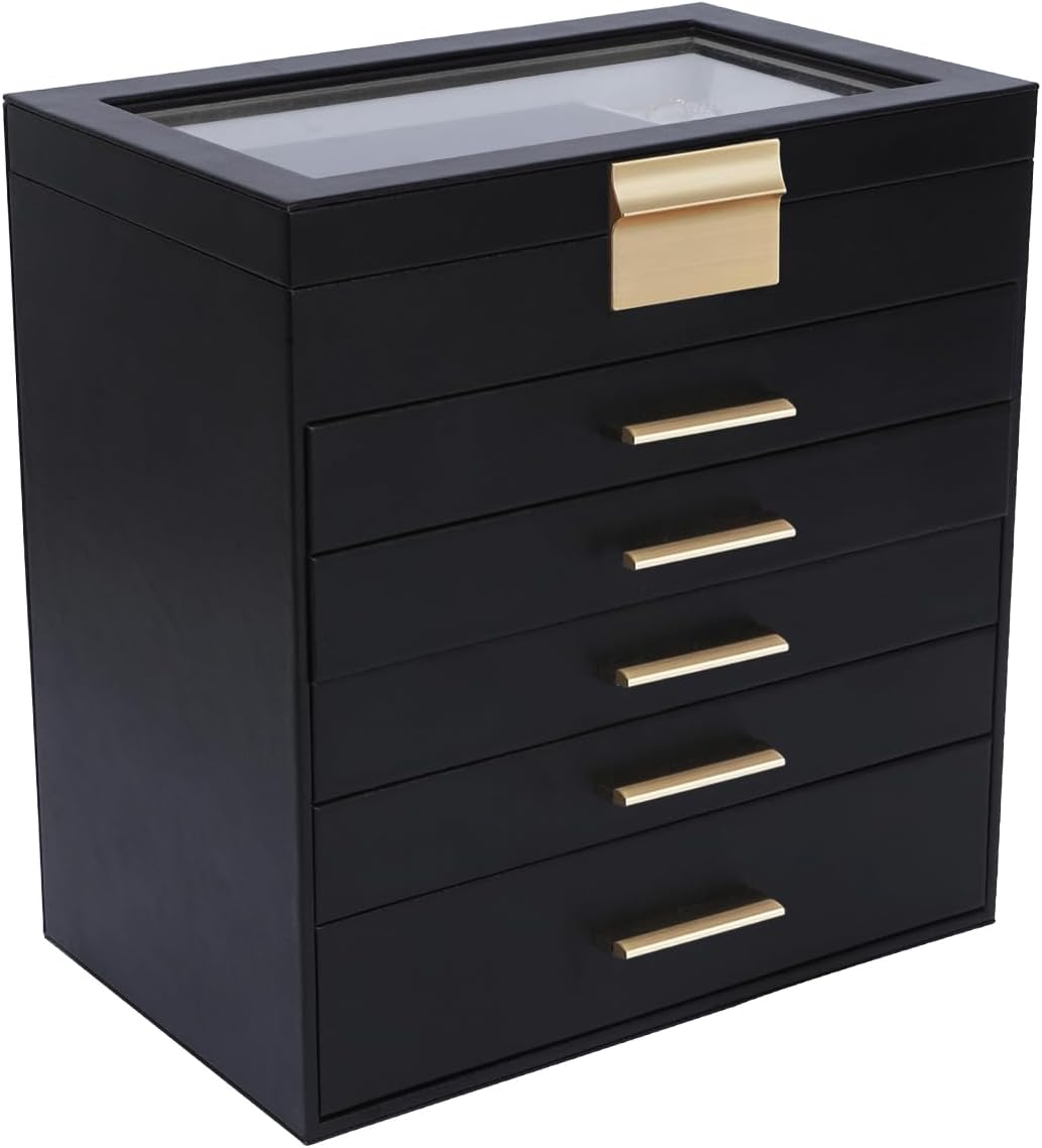 BOOVO Jewelry Boxes for Women, White and Black 6 Layer Large Jewelry Box for Necklace, Bracelet, Earrings, Rings Storage, Jewelry holder Organizer for Girls Gift (Clear Black, 6 layer)