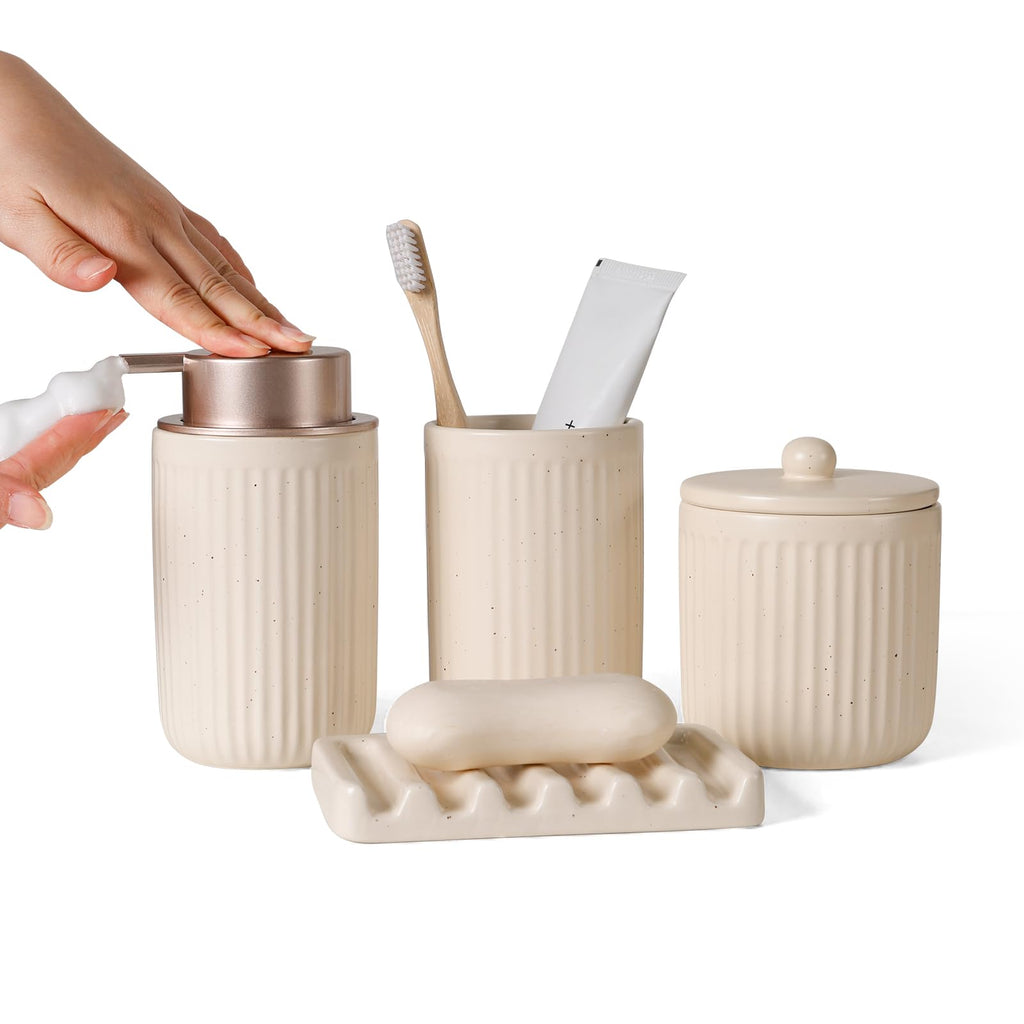 BosilunLife Beige Bathroom Accessories Set - Ceramic Bathroom Counter Soap Set Bathroom Decor Sets Accessories Bathroom Lotion Soap Dispenser and Toothbrush Holder Set, Soap Dish, Apothecary Jars