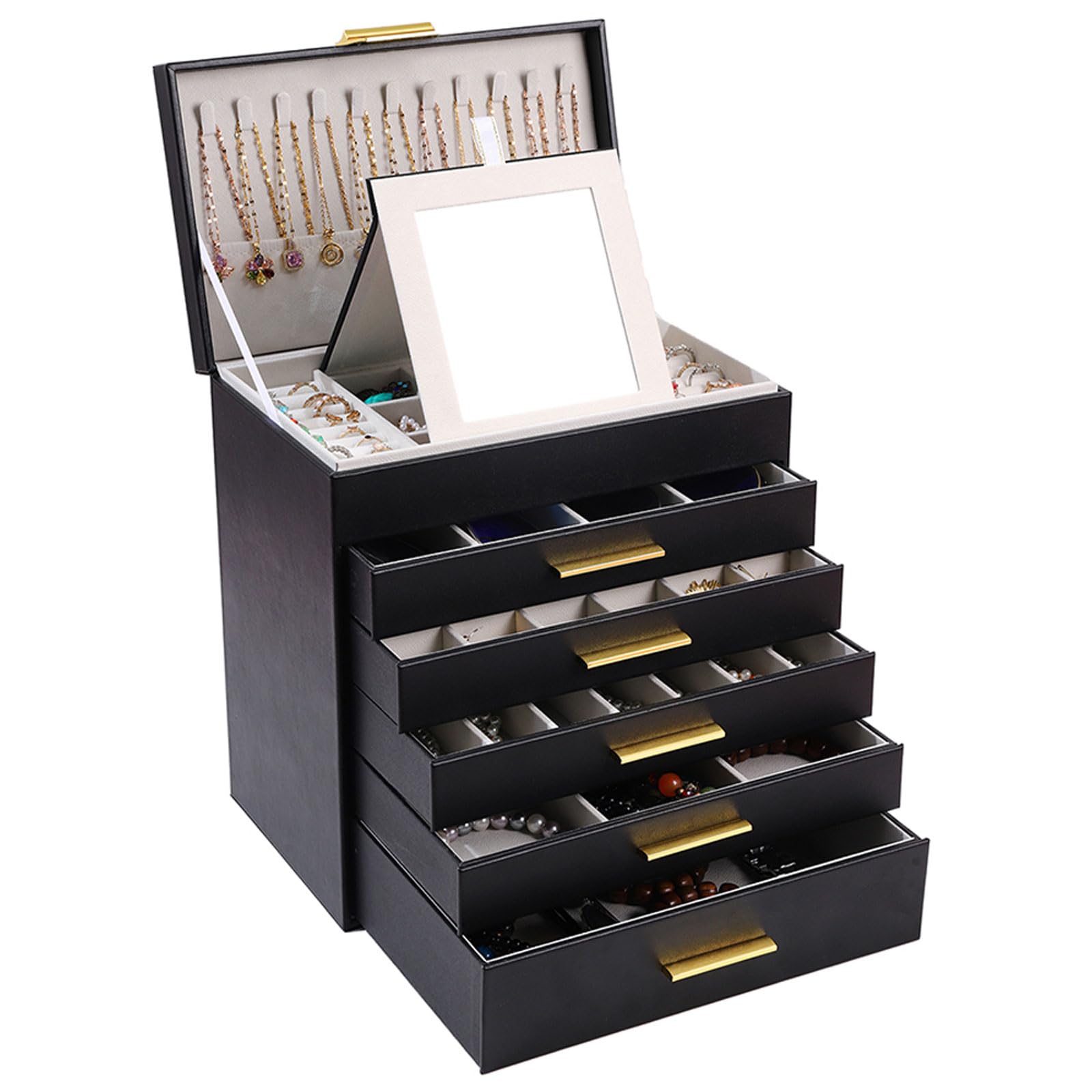 BOOVO Jewelry Boxes for Women, White and Black 6 Layer Large Jewelry Box for Necklace, Bracelet, Earrings, Rings Storage, Jewelry holder Organizer for Girls Gift (Clear Black, 6 layer)