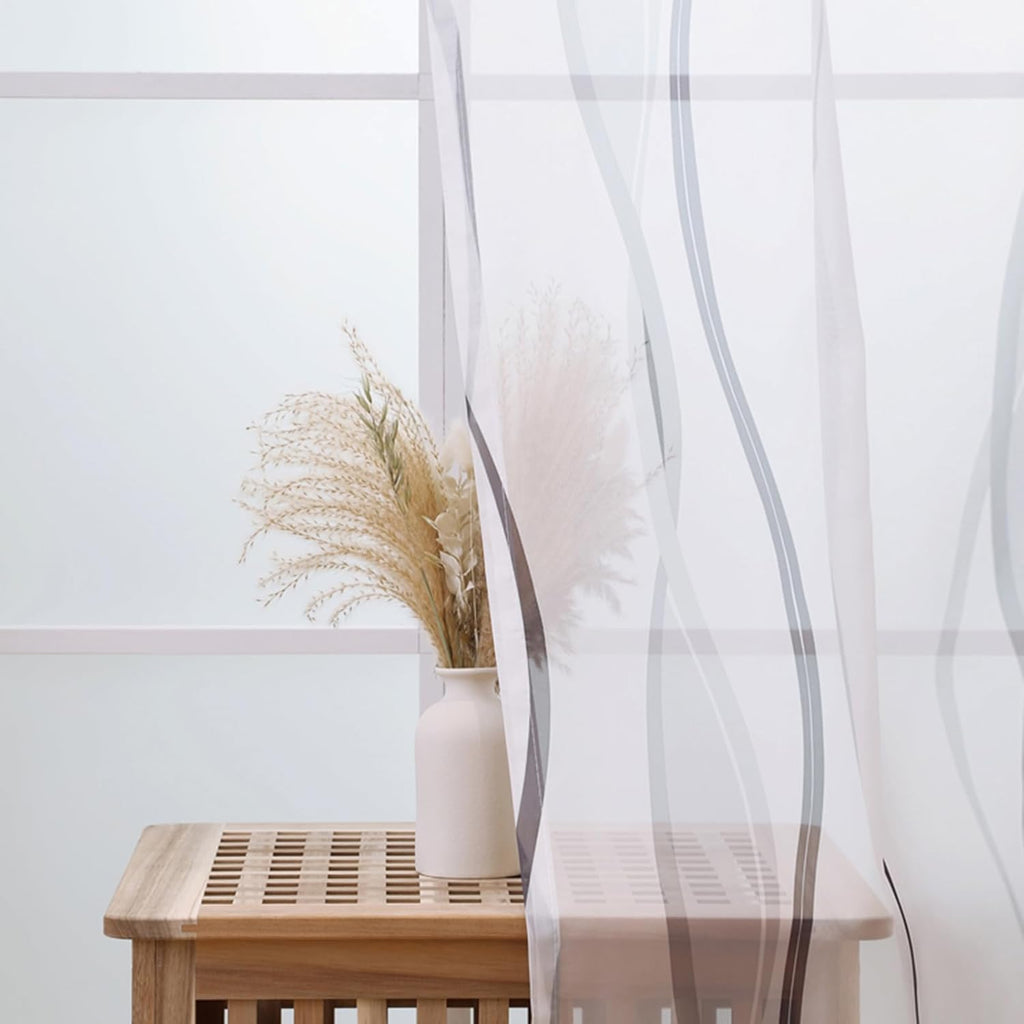 L.Z.E Grey and White Sheer Curtains 84 Inch Long 2 Panels Set, Light Gray Printed Sheer Curtains for Living Room Dining Room, Elegant Wave Pattern Rod Pocket Window Curtains (55W x 84L)