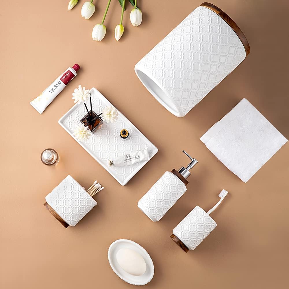 Bathroom Accessories Set 6 Pcs Ceramic Wooden Bathroom Set with Soap Dispenser Toothbrush Holder Tray Tumbler Soap Dish Trash Can（White）
