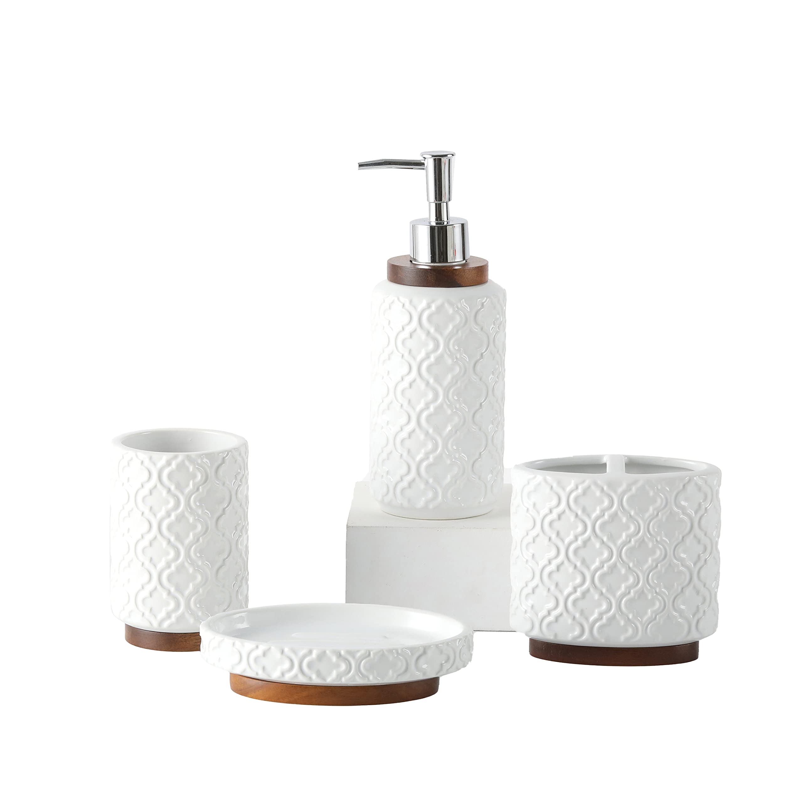 Bathroom Accessories Set 6 Pcs Ceramic Wooden Bathroom Set with Soap Dispenser Toothbrush Holder Tray Tumbler Soap Dish Trash Can（White）