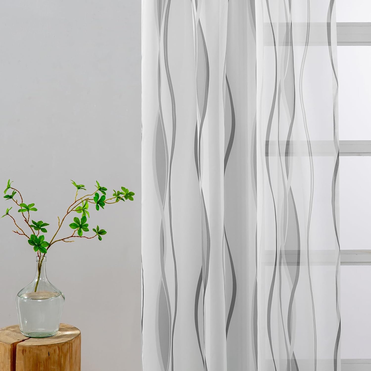 L.Z.E Grey and White Sheer Curtains 84 Inch Long 2 Panels Set, Light Gray Printed Sheer Curtains for Living Room Dining Room, Elegant Wave Pattern Rod Pocket Window Curtains (55W x 84L)