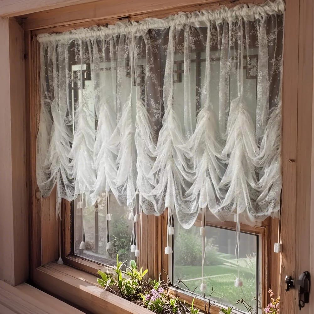 ABREEZE Elegant White Lace Embroidered Sheer Ballon Curtains, Adjustable Tie-Up Curtain Shades, 1 Panel Floral Tulle Curtains for Windows-78''X59''