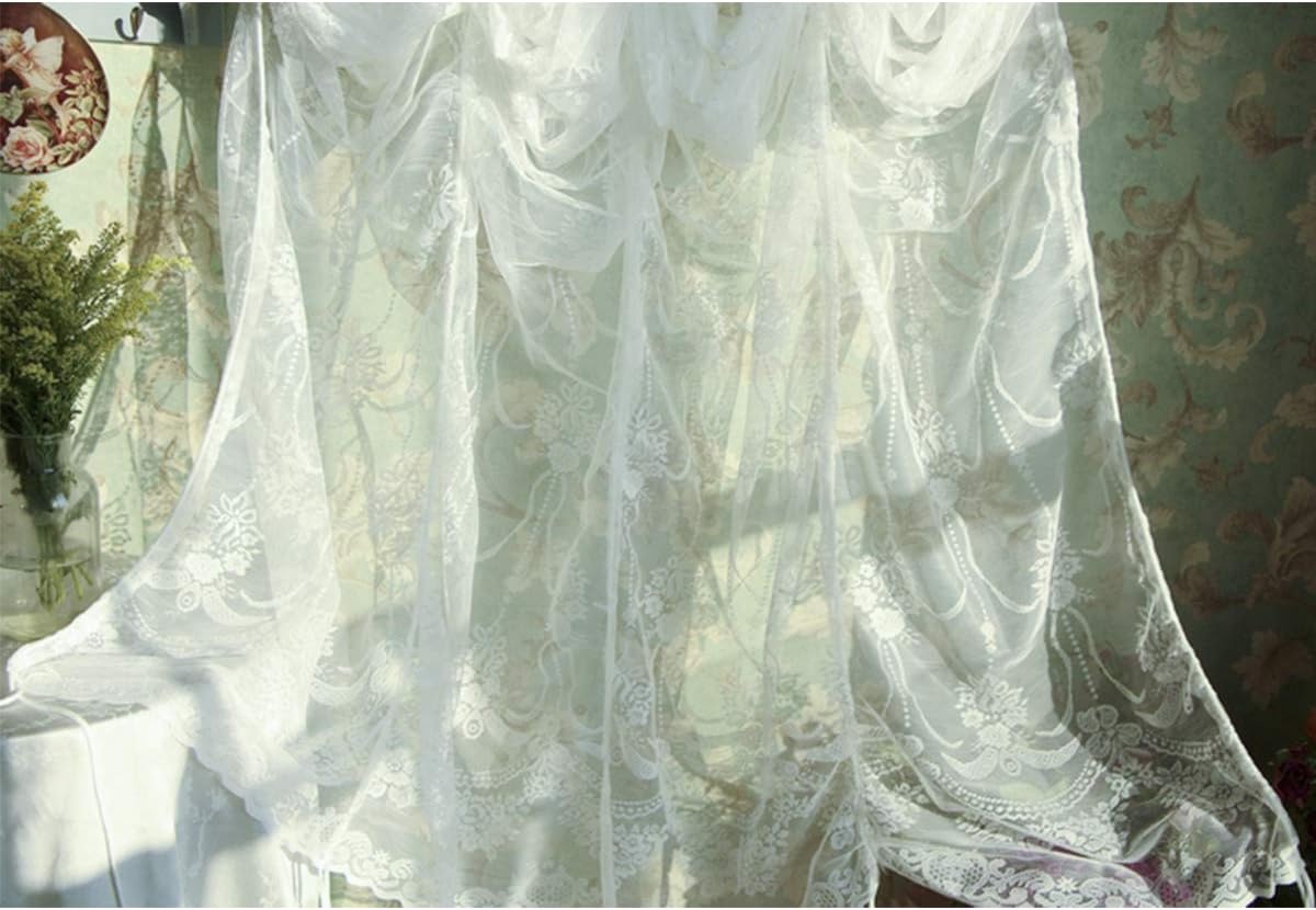 FADFAY Balloon Curtain Adjustable Tie-Up Off White Lace Semi Sheer Window Curtain Shade European Style Embroidered for Living Room Bedroom 1 Panel 78''59''