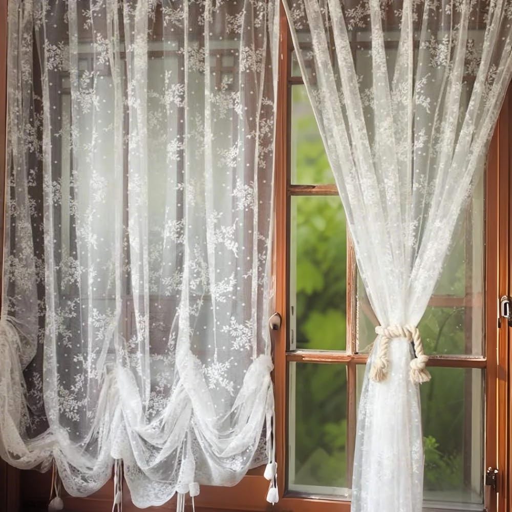 ABREEZE Elegant White Lace Embroidered Sheer Ballon Curtains, Adjustable Tie-Up Curtain Shades, 1 Panel Floral Tulle Curtains for Windows-78''X59''