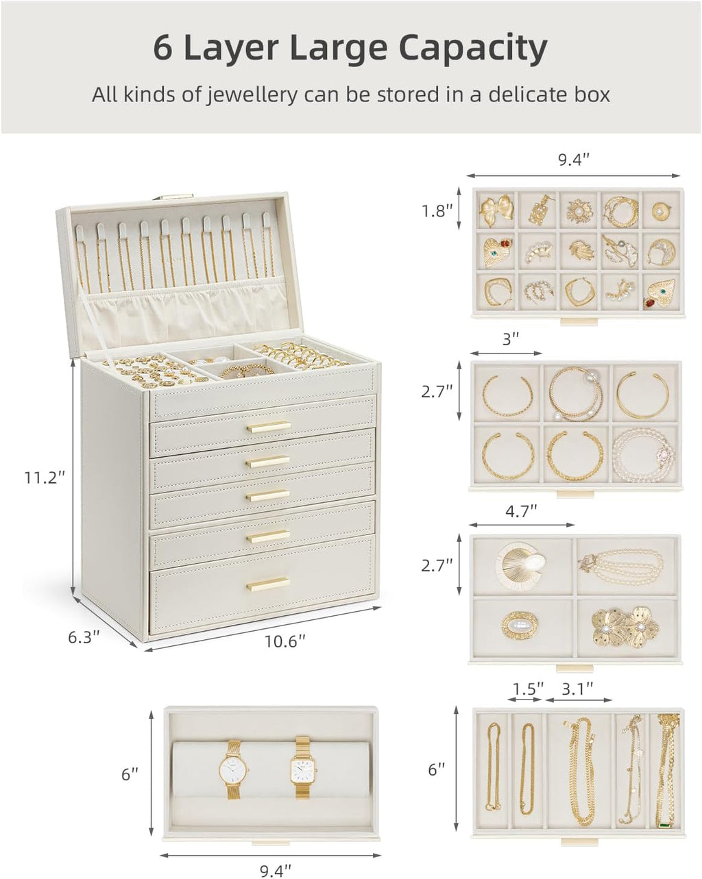 Vlando 6 Layer Large Jewelry Box - Jewelry Holder Organizer, Jewelry Box Organizer for Drawer Necklace Ring Bracelet and Watch, Birthday Gift for Loved Ones - Beige