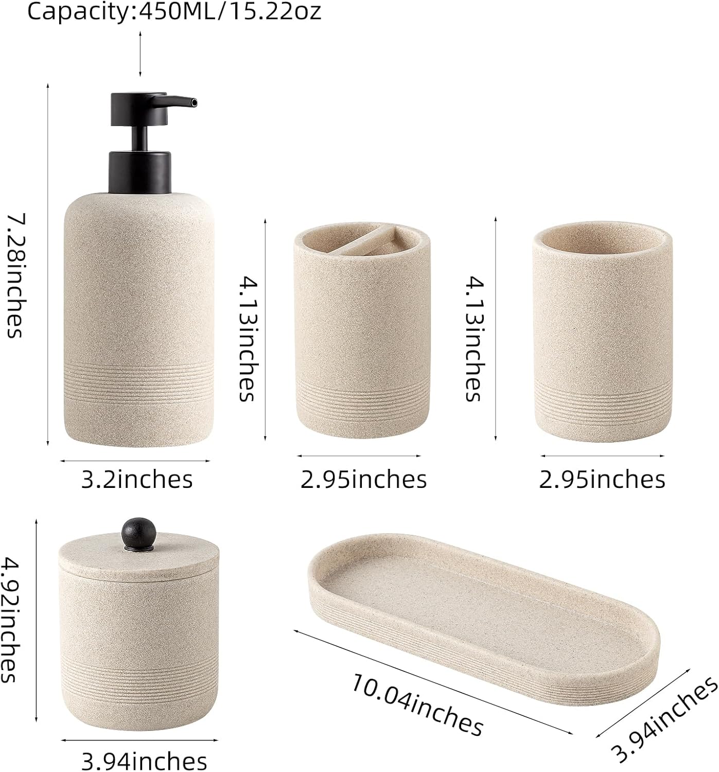 Bathroom Accessories Set, 6 PCS Modern Bathroom Accessory Set with 15.2 OZ Soap Dispenser, Toothbrush Holder, Vanity Tray, Tumbler, 2 PCS Qtip Holders (Beige)