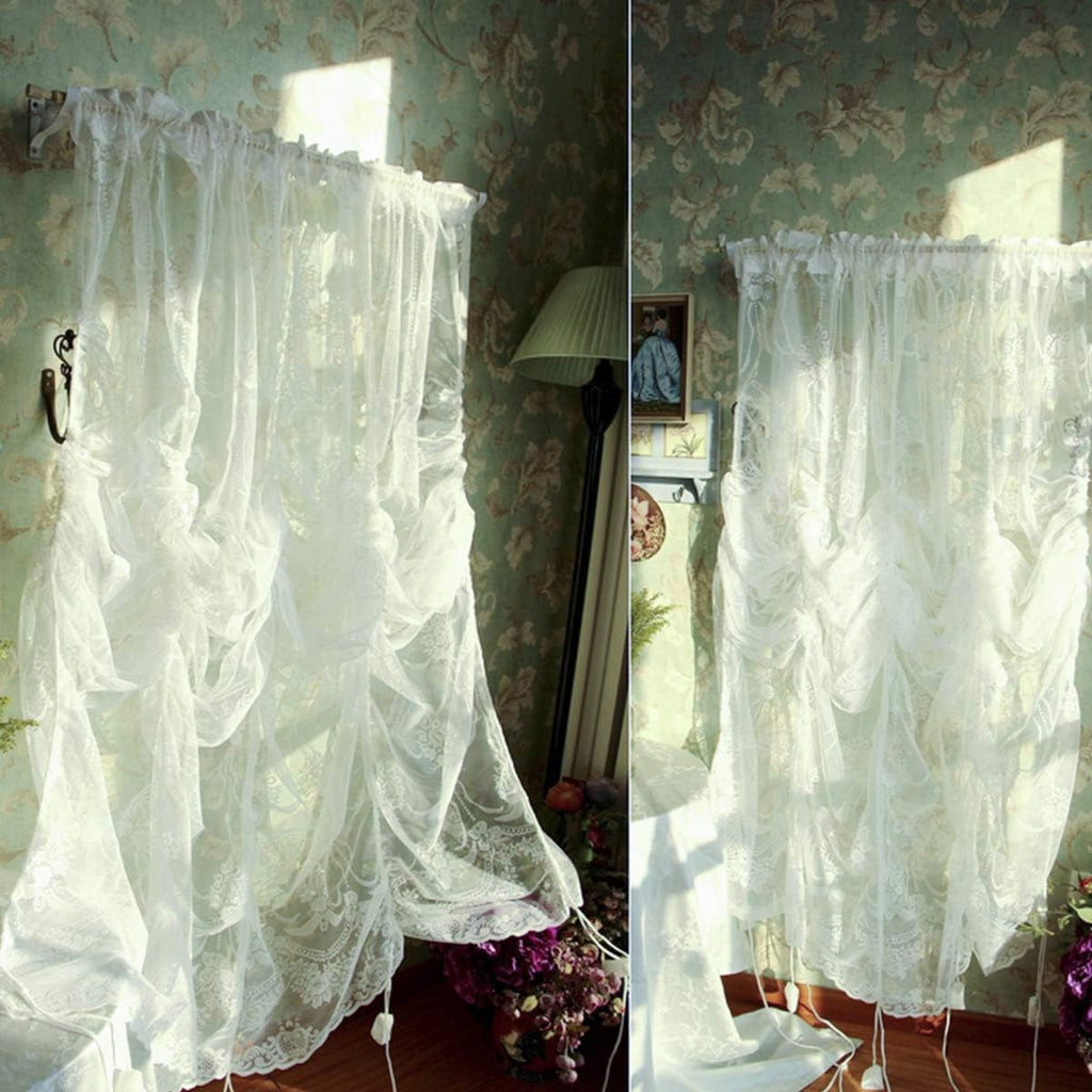FADFAY Balloon Curtain Adjustable Tie-Up Off White Lace Semi Sheer Window Curtain Shade European Style Embroidered for Living Room Bedroom 1 Panel 78''59''