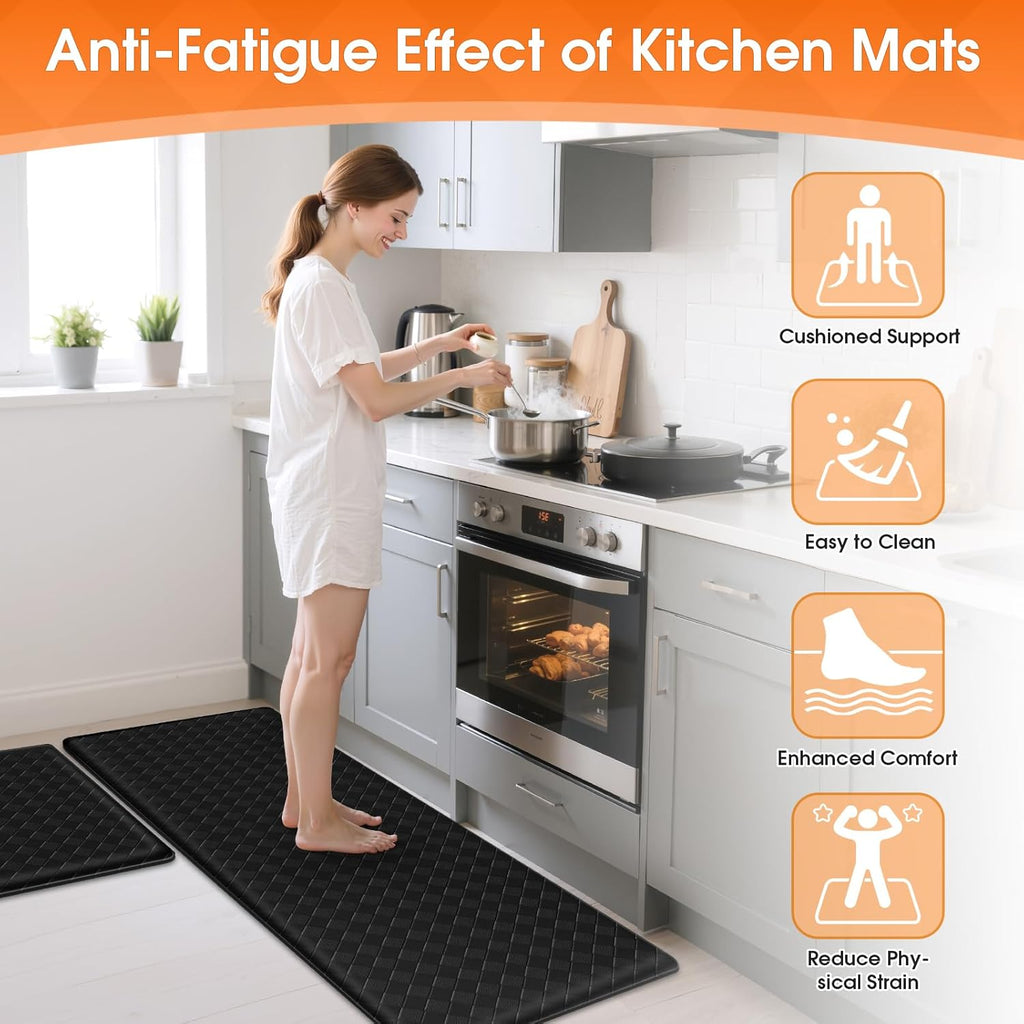 Kitchen Mats, 2PCS Kitchen Rugs, Cushioned Anti Fatigue Kitchen Mats for Floor, Non-Slip Standing Sink Mat, Waterproof Kitchen Rug Set for Kitchen Floor Office,17.3"×30"+17.3"×47" Black