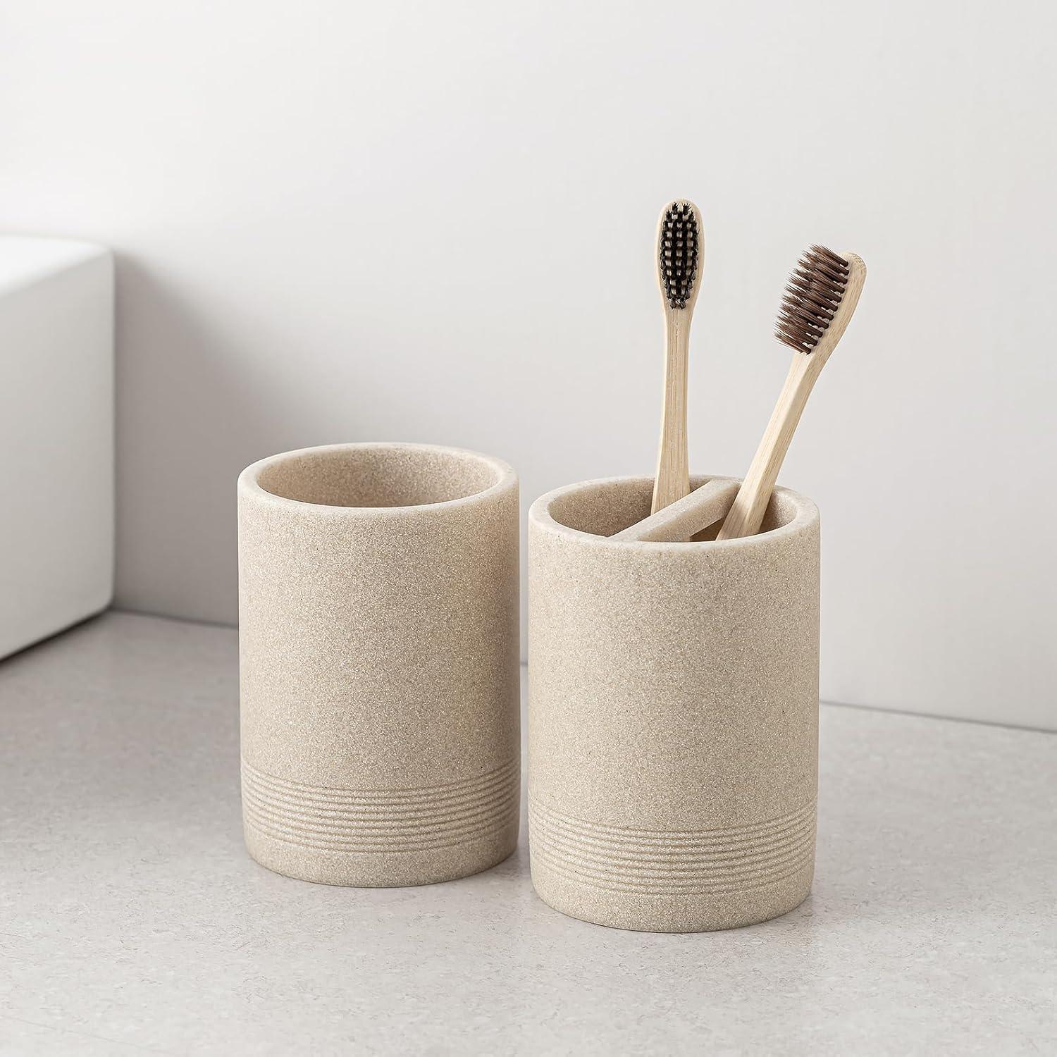 Bathroom Accessories Set, 6 PCS Modern Bathroom Accessory Set with 15.2 OZ Soap Dispenser, Toothbrush Holder, Vanity Tray, Tumbler, 2 PCS Qtip Holders (Beige)