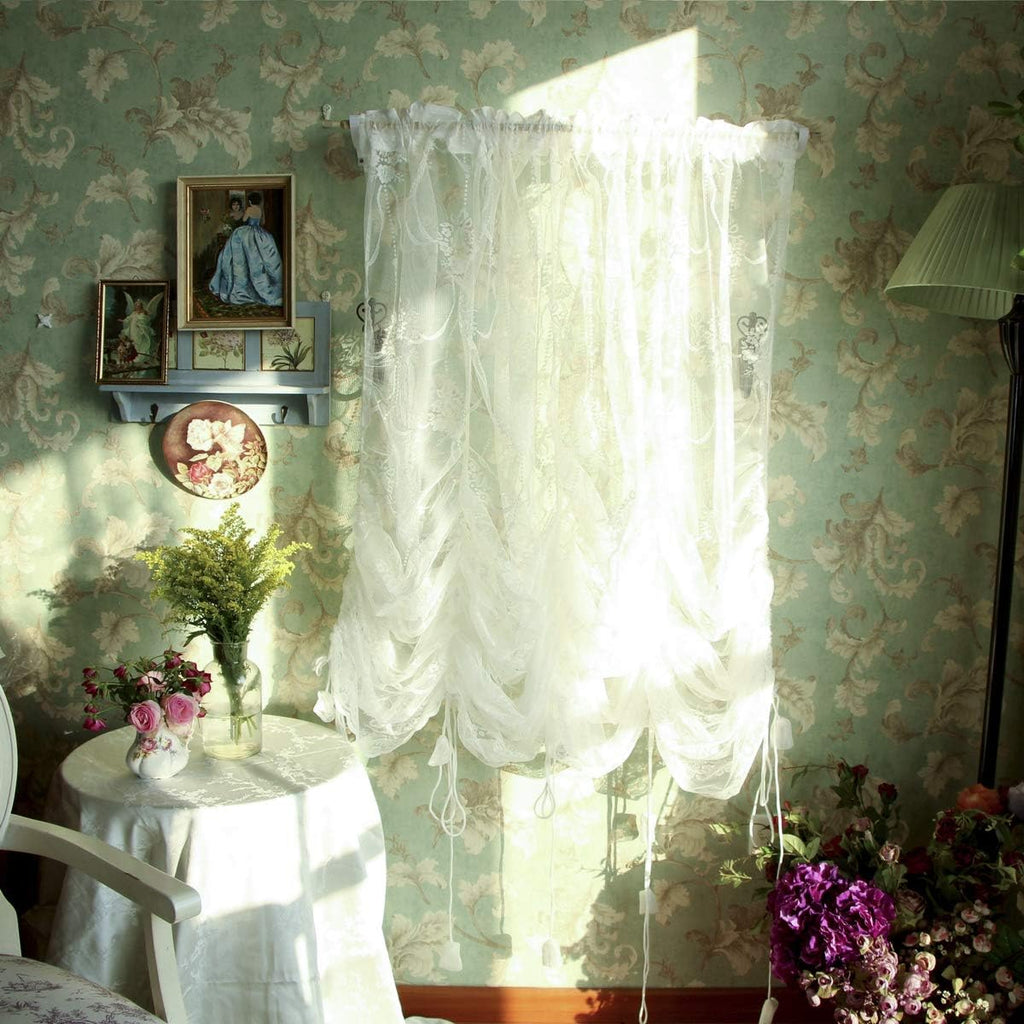FADFAY Balloon Curtain Adjustable Tie-Up Off White Lace Semi Sheer Window Curtain Shade European Style Embroidered for Living Room Bedroom 1 Panel 78''59''