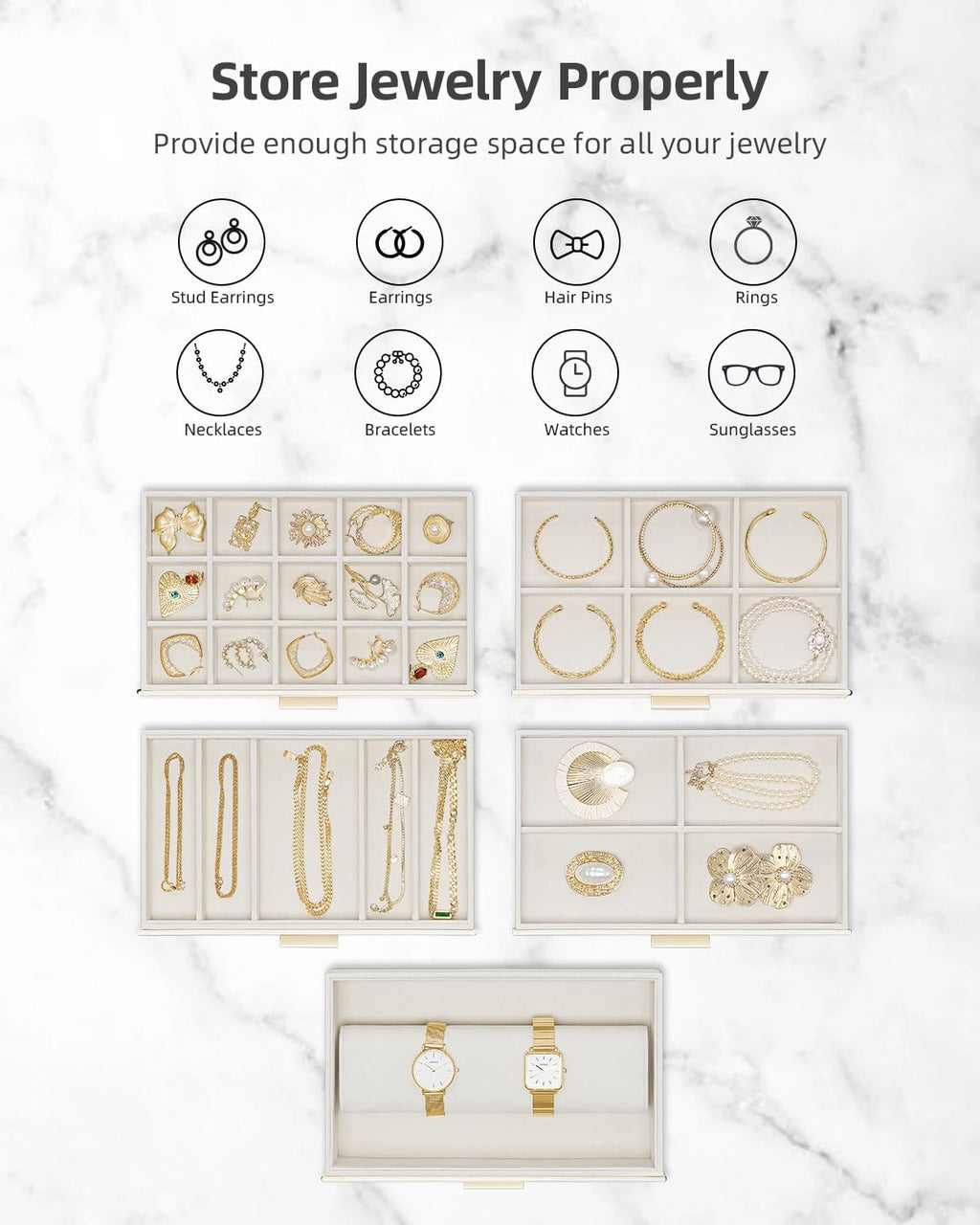 Vlando 6 Layer Large Jewelry Box - Jewelry Holder Organizer, Jewelry Box Organizer for Drawer Necklace Ring Bracelet and Watch, Birthday Gift for Loved Ones - Beige