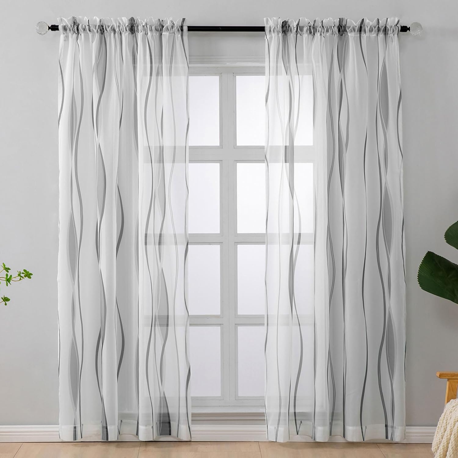 L.Z.E Grey and White Sheer Curtains 84 Inch Long 2 Panels Set, Light Gray Printed Sheer Curtains for Living Room Dining Room, Elegant Wave Pattern Rod Pocket Window Curtains (55W x 84L)