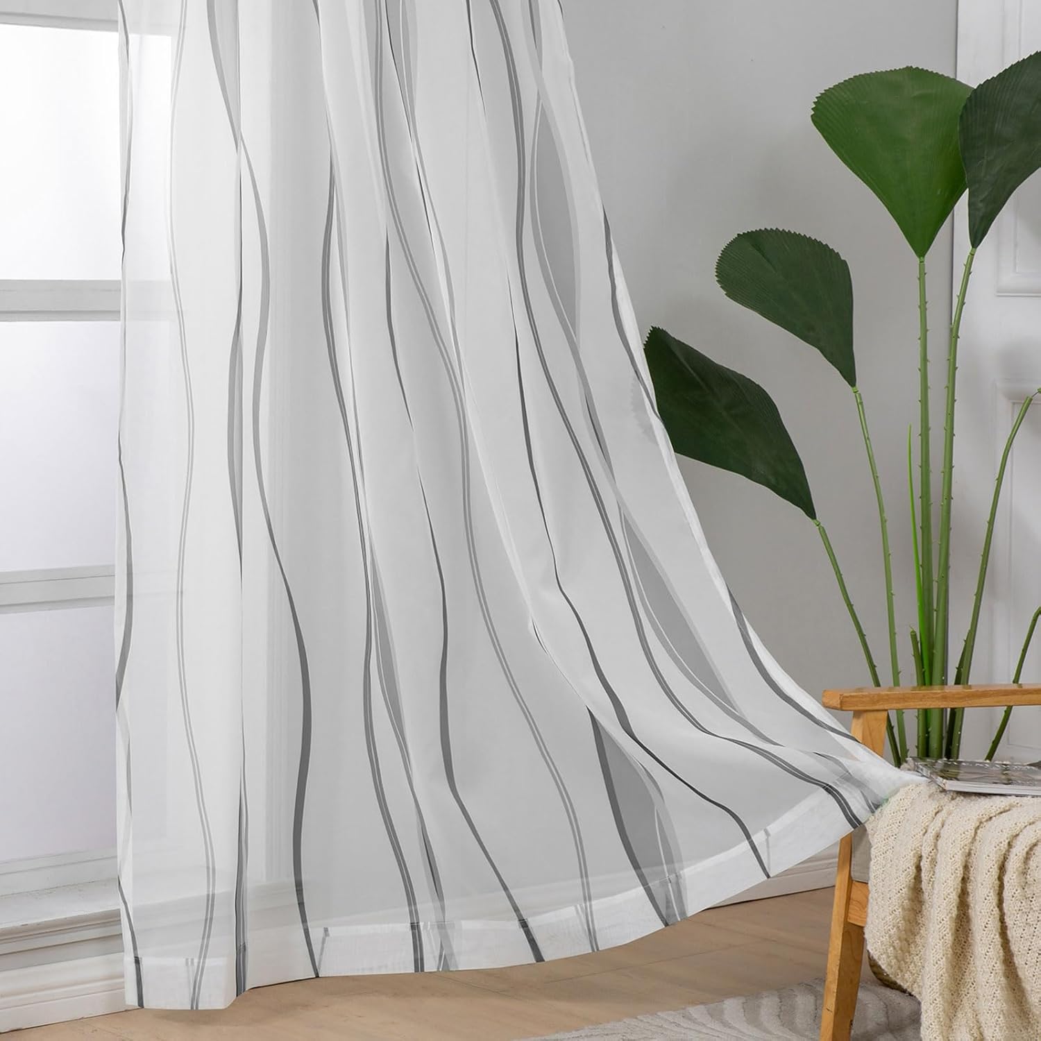 L.Z.E Grey and White Sheer Curtains 84 Inch Long 2 Panels Set, Light Gray Printed Sheer Curtains for Living Room Dining Room, Elegant Wave Pattern Rod Pocket Window Curtains (55W x 84L)