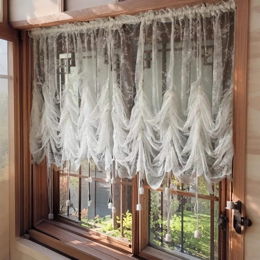 ABREEZE Elegant White Lace Embroidered Sheer Ballon Curtains, Adjustable Tie-Up Curtain Shades, 1 Panel Floral Tulle Curtains for Windows-78''X59''