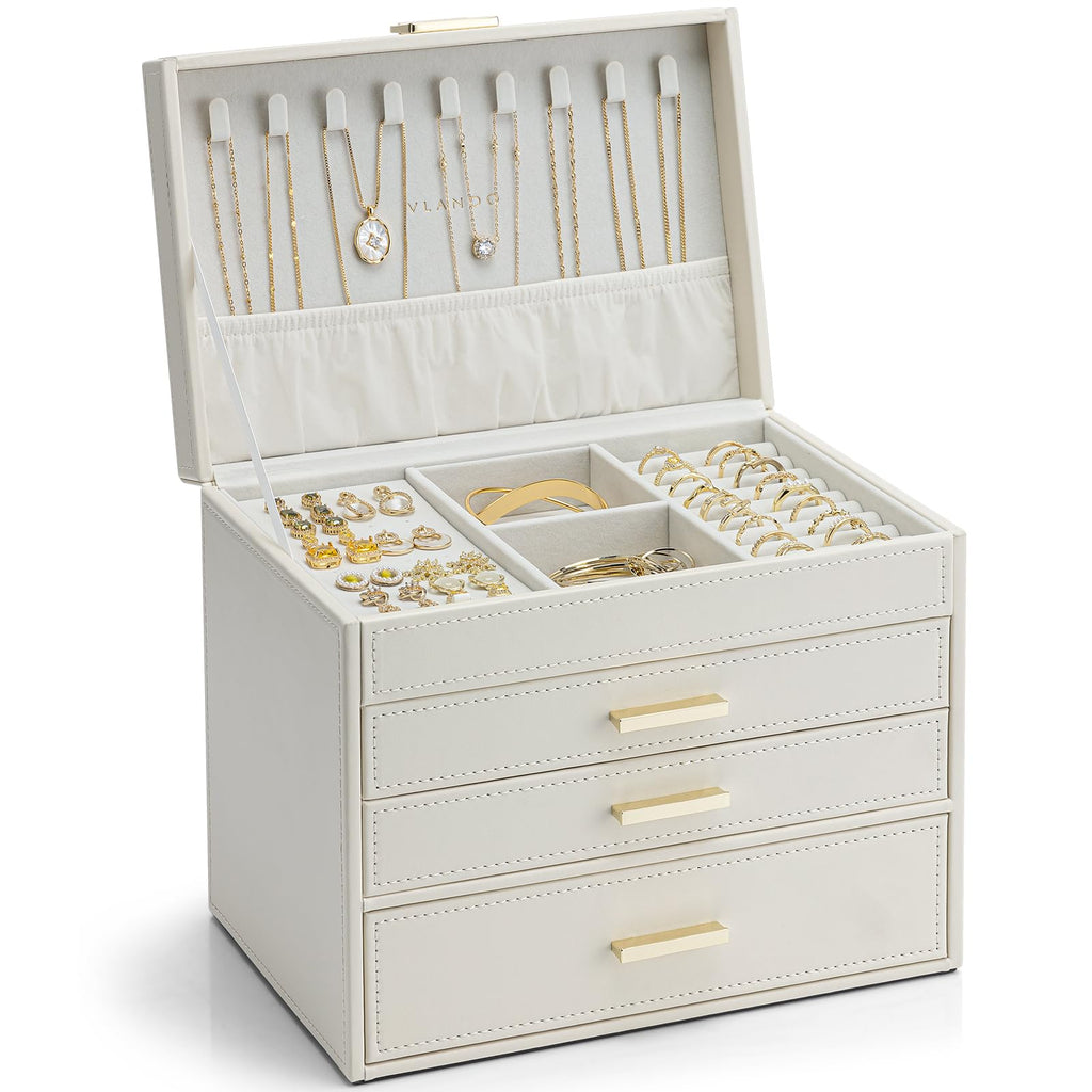 Vlando 6 Layer Large Jewelry Box - Jewelry Holder Organizer, Jewelry Box Organizer for Drawer Necklace Ring Bracelet and Watch, Birthday Gift for Loved Ones - Beige