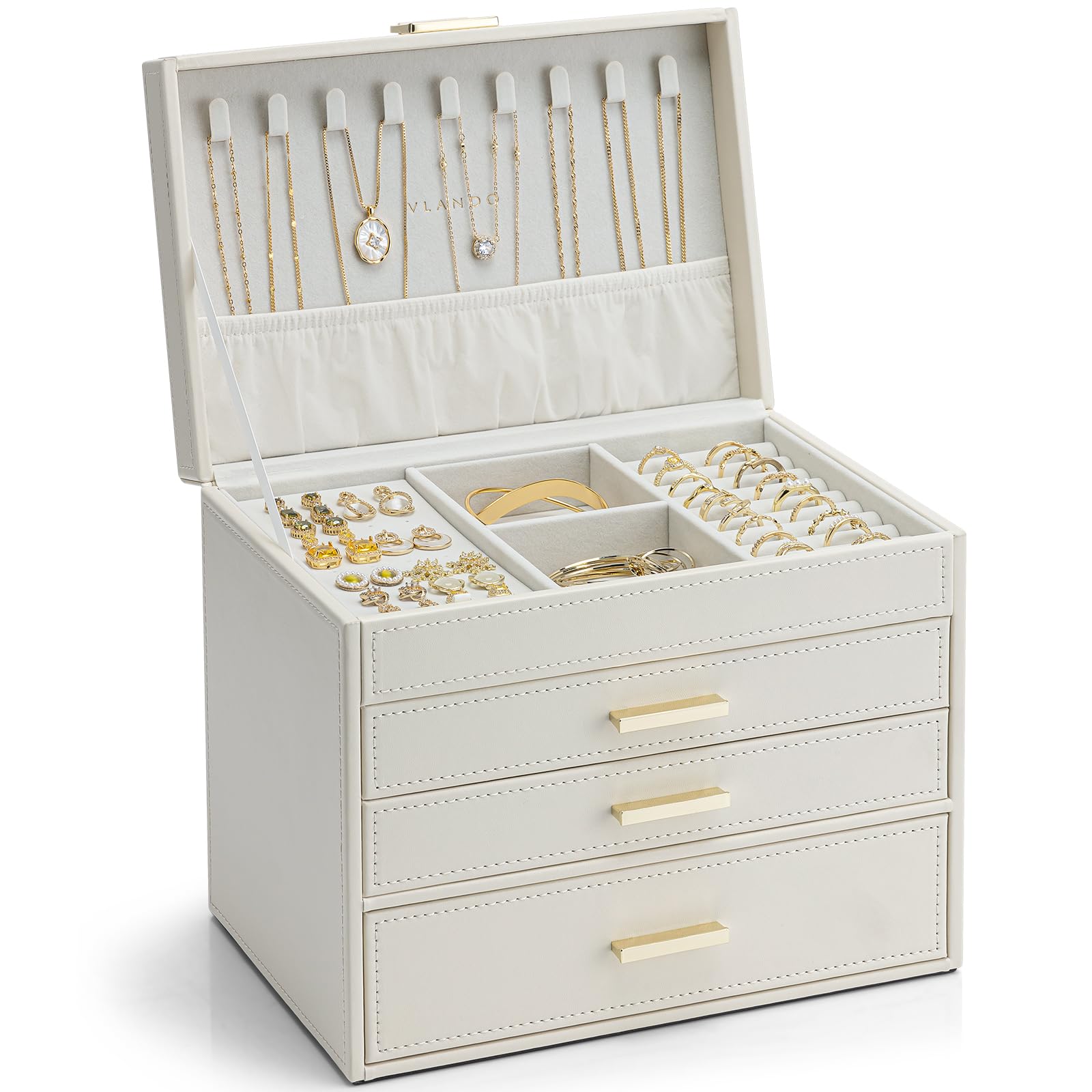 Vlando 6 Layer Large Jewelry Box - Jewelry Holder Organizer, Jewelry Box Organizer for Drawer Necklace Ring Bracelet and Watch, Birthday Gift for Loved Ones - Beige