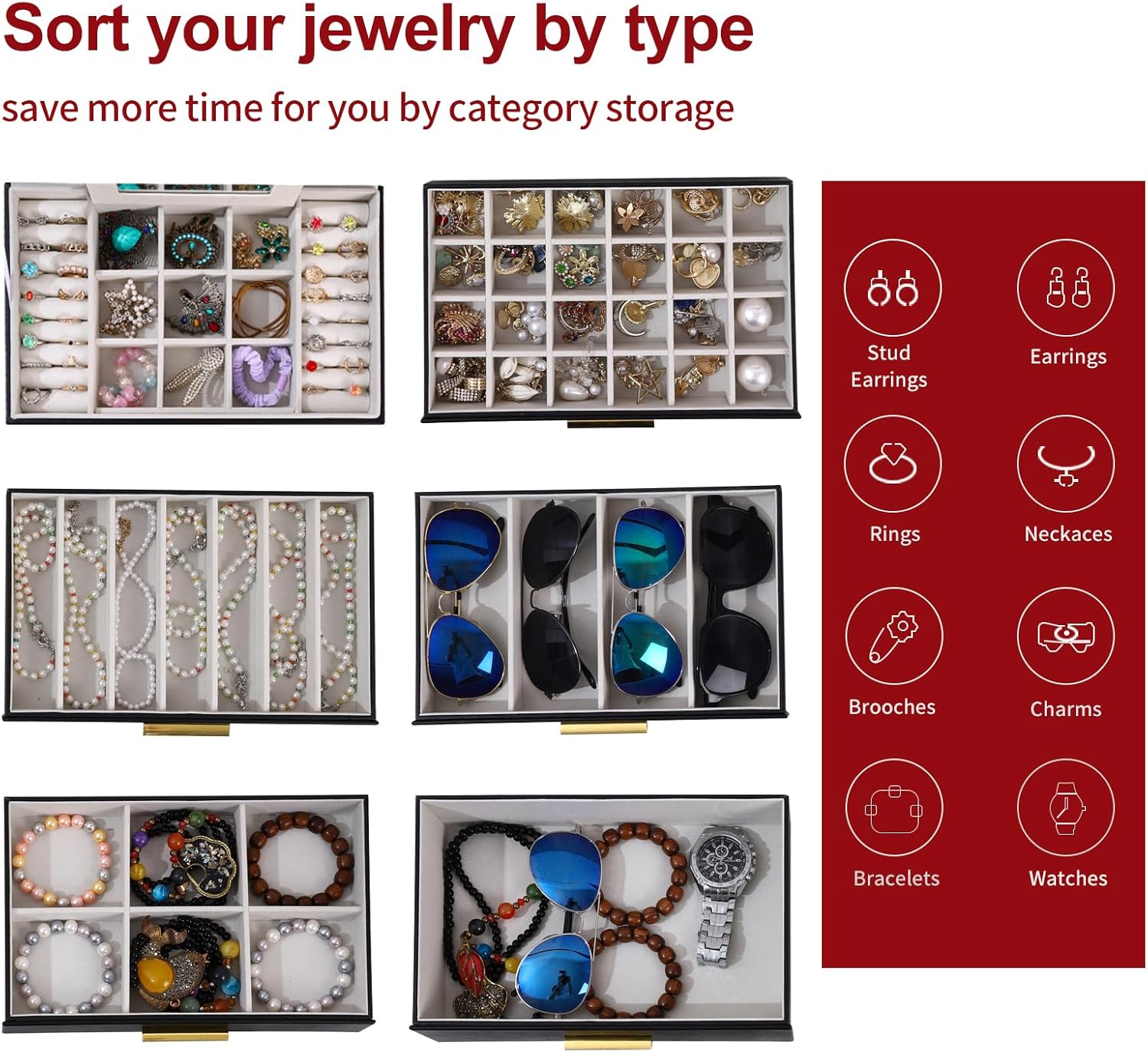 BOOVO Jewelry Boxes for Women, White and Black 6 Layer Large Jewelry Box for Necklace, Bracelet, Earrings, Rings Storage, Jewelry holder Organizer for Girls Gift (Clear Black, 6 layer)