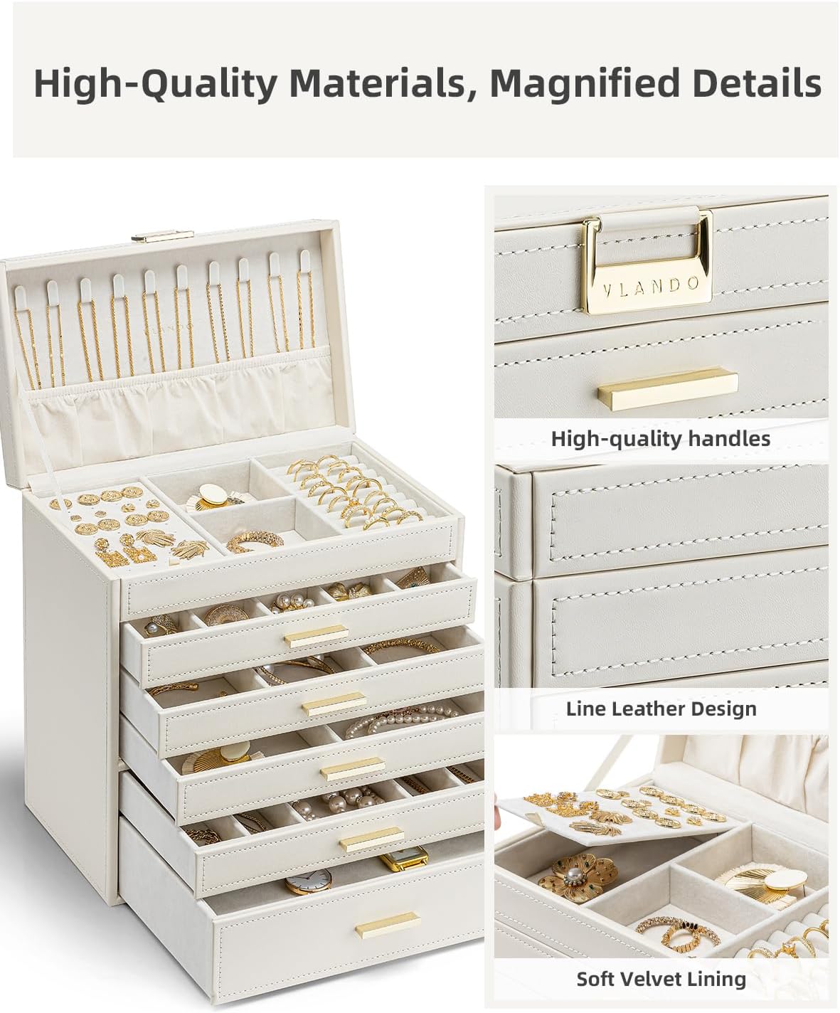 Vlando 6 Layer Large Jewelry Box - Jewelry Holder Organizer, Jewelry Box Organizer for Drawer Necklace Ring Bracelet and Watch, Birthday Gift for Loved Ones - Beige