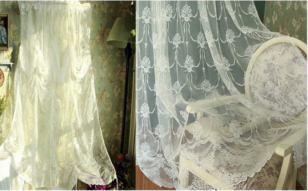 FADFAY Balloon Curtain Adjustable Tie-Up Off White Lace Semi Sheer Window Curtain Shade European Style Embroidered for Living Room Bedroom 1 Panel 78''59''