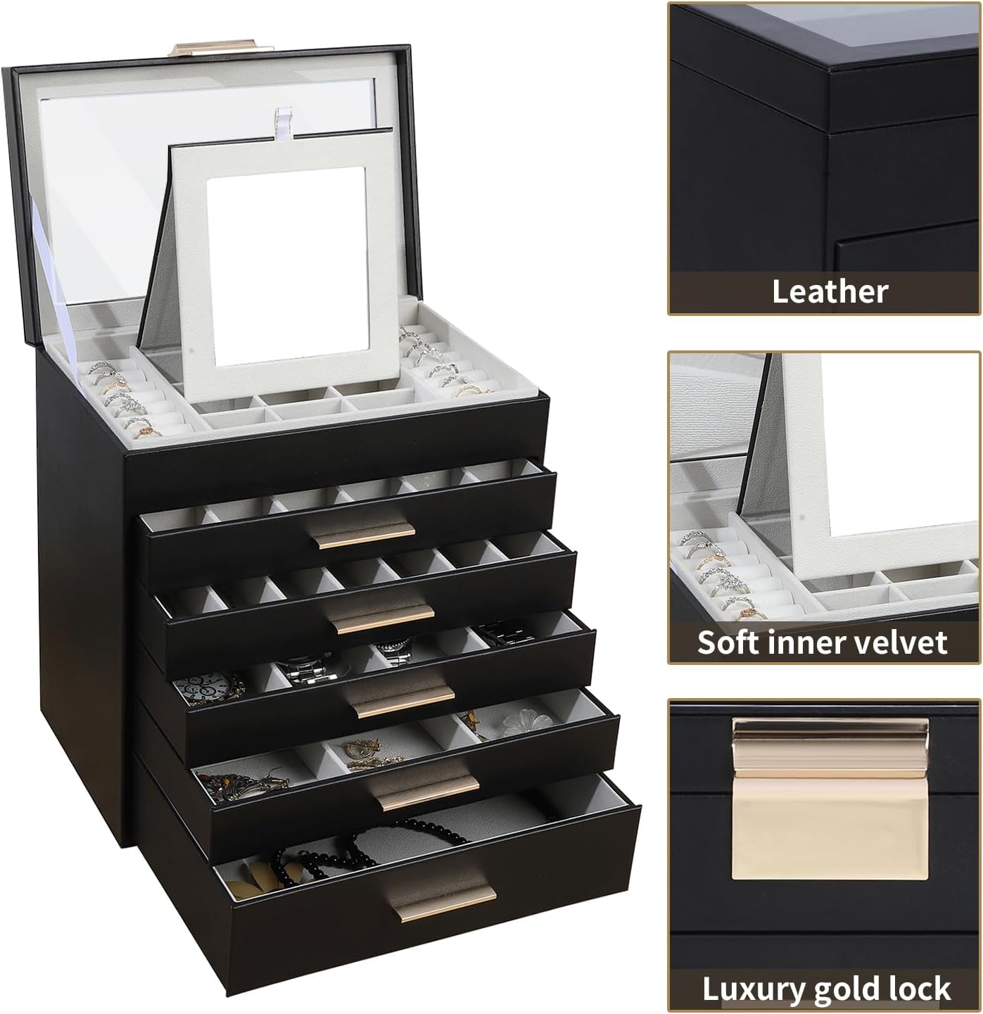 BOOVO Jewelry Boxes for Women, White and Black 6 Layer Large Jewelry Box for Necklace, Bracelet, Earrings, Rings Storage, Jewelry holder Organizer for Girls Gift (Clear Black, 6 layer)