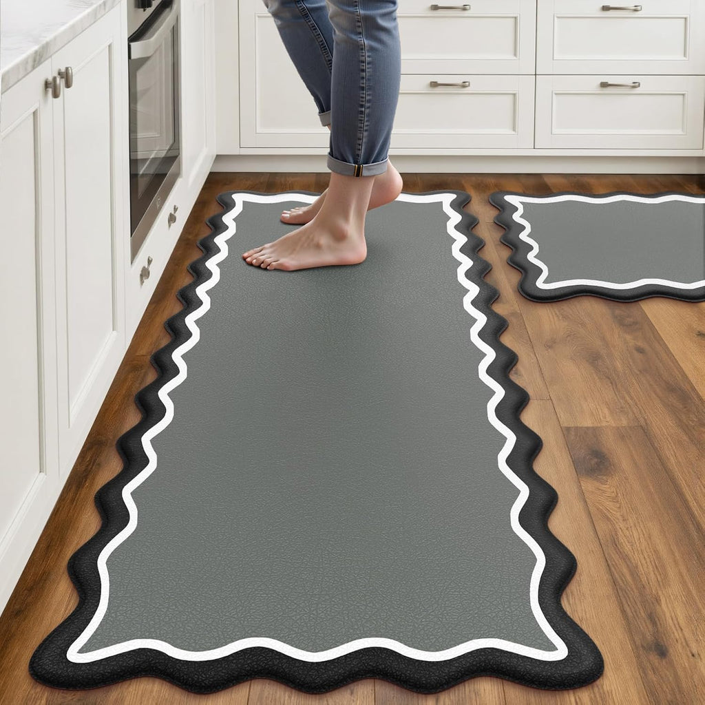 Scalloped Black Gray Kitchen Mats Rugs Sets of 2 Cushioned Anti Fatigue Floor Mat Waterproof Kitchen Rugs Non Slip Foam Comfort Standing Mat for Sink Laundry