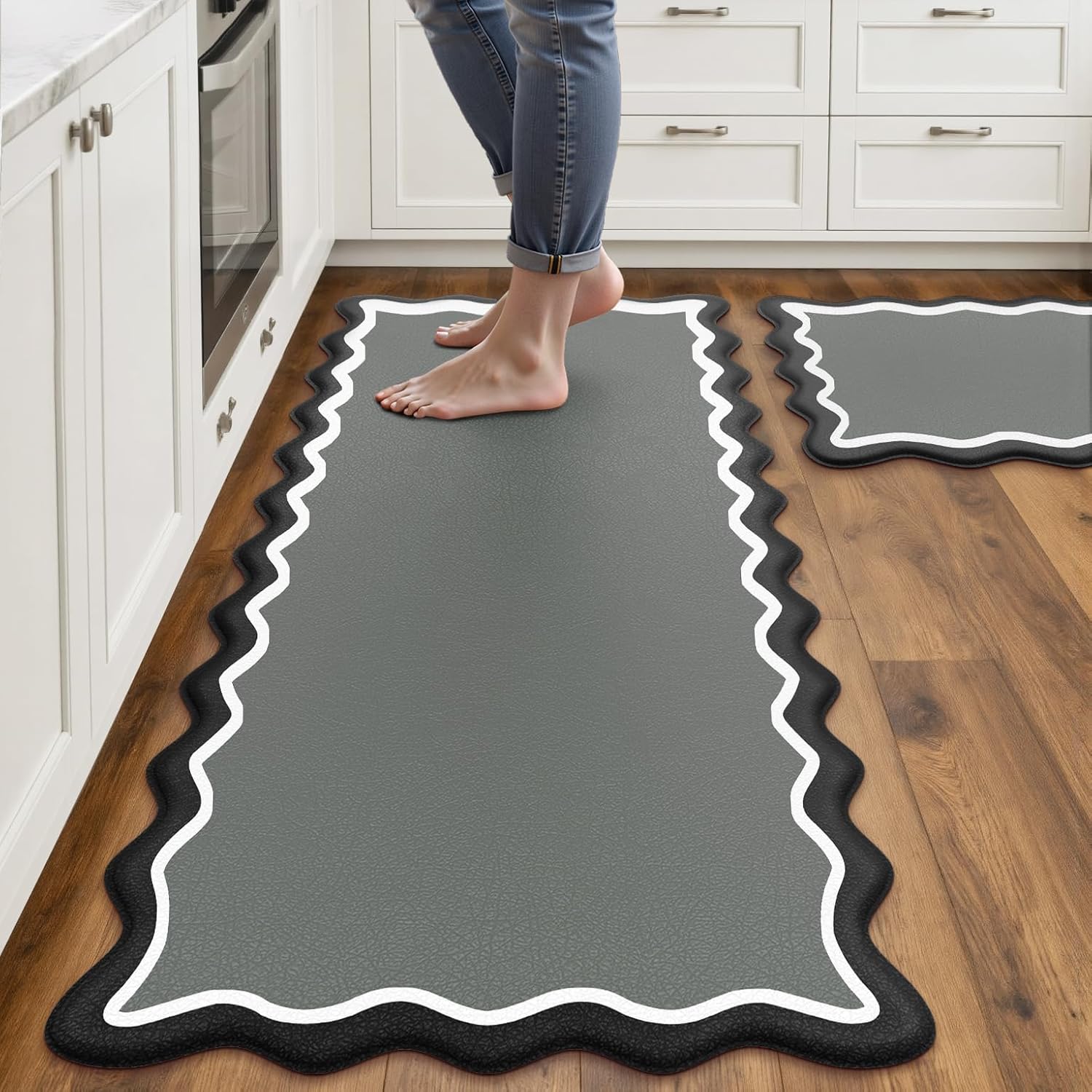 Scalloped Black Gray Kitchen Mats Rugs Sets of 2 Cushioned Anti Fatigue Floor Mat Waterproof Kitchen Rugs Non Slip Foam Comfort Standing Mat for Sink Laundry