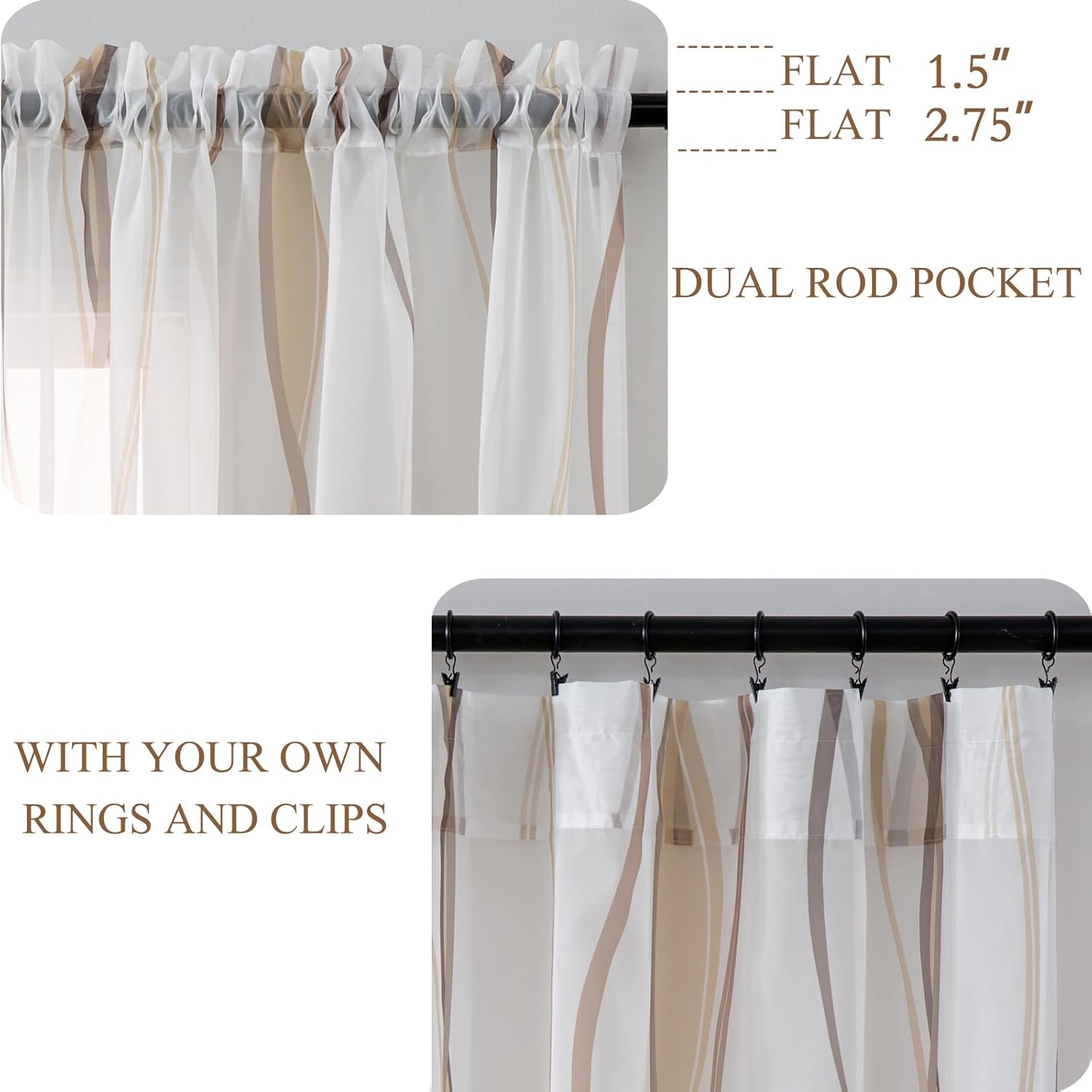 L.Z.E Grey and White Sheer Curtains 84 Inch Long 2 Panels Set, Light Gray Printed Sheer Curtains for Living Room Dining Room, Elegant Wave Pattern Rod Pocket Window Curtains (55W x 84L)