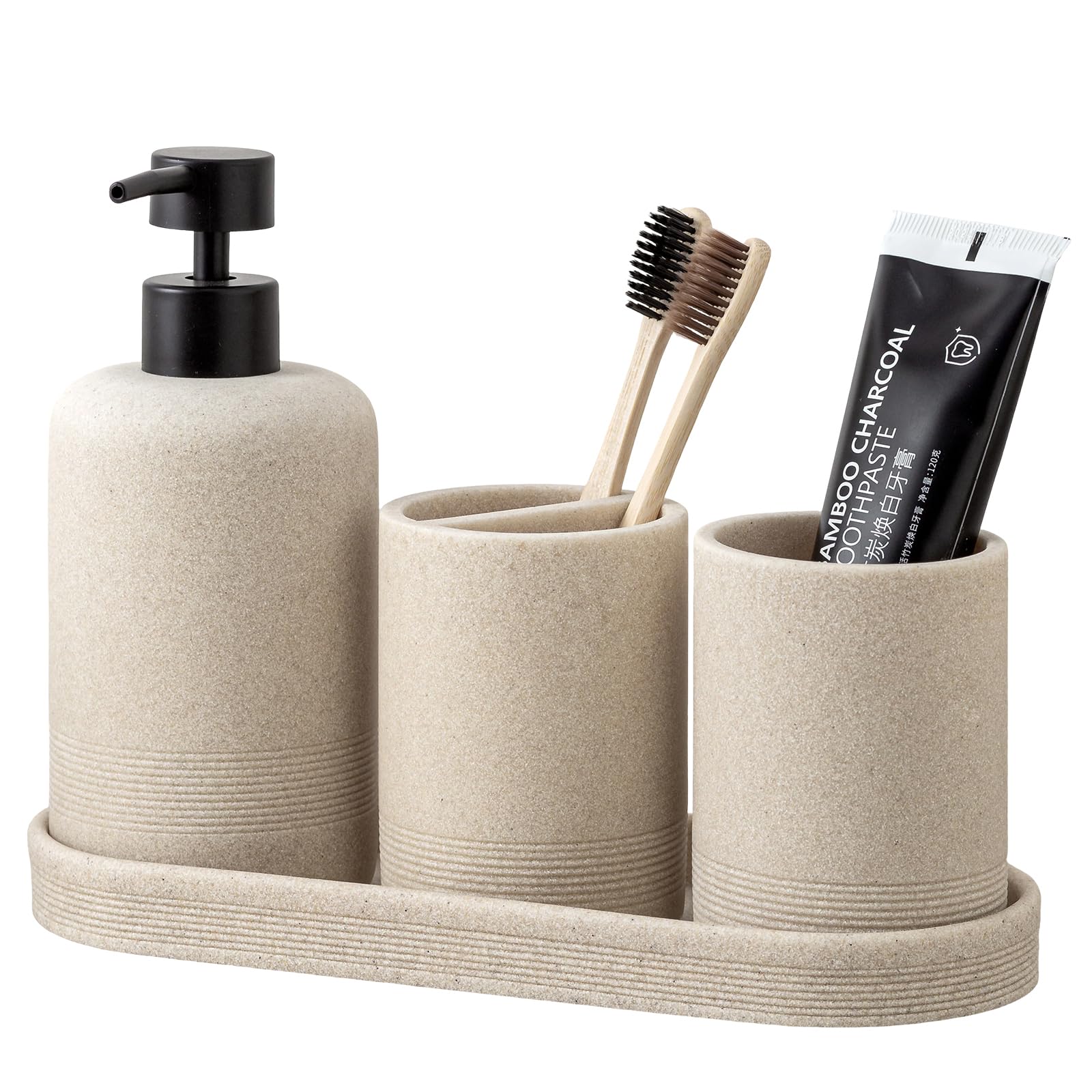 Bathroom Accessories Set, 6 PCS Modern Bathroom Accessory Set with 15.2 OZ Soap Dispenser, Toothbrush Holder, Vanity Tray, Tumbler, 2 PCS Qtip Holders (Beige)
