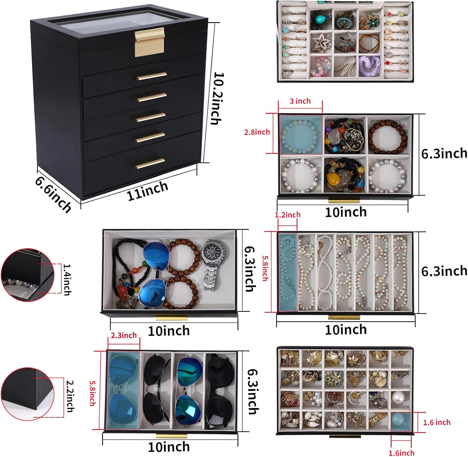 BOOVO Jewelry Boxes for Women, White and Black 6 Layer Large Jewelry Box for Necklace, Bracelet, Earrings, Rings Storage, Jewelry holder Organizer for Girls Gift (Clear Black, 6 layer)