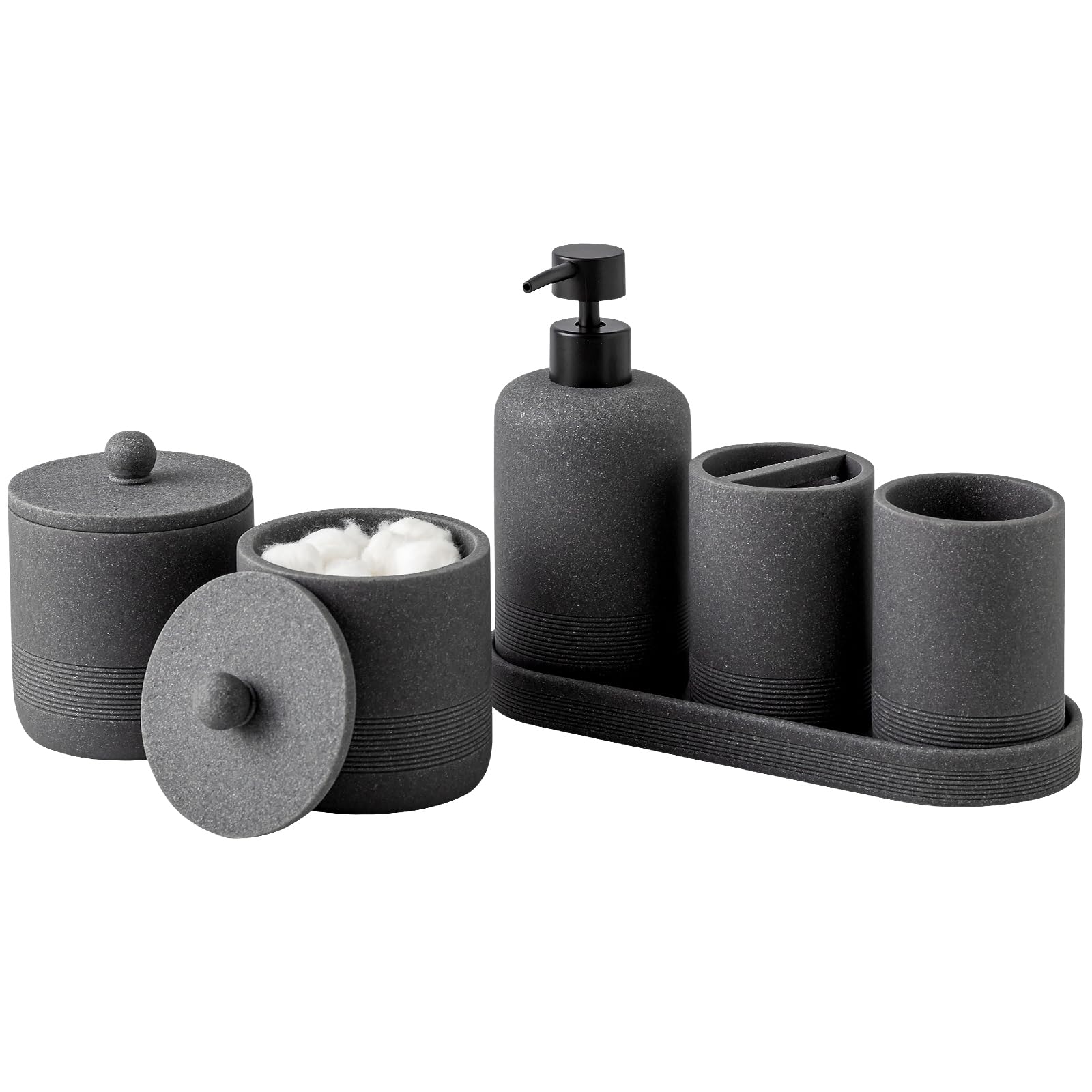 Bathroom Accessories Set, 6 PCS Modern Bathroom Accessory Set with 15.2 OZ Soap Dispenser, Toothbrush Holder, Vanity Tray, Tumbler, 2 PCS Qtip Holders (Beige)