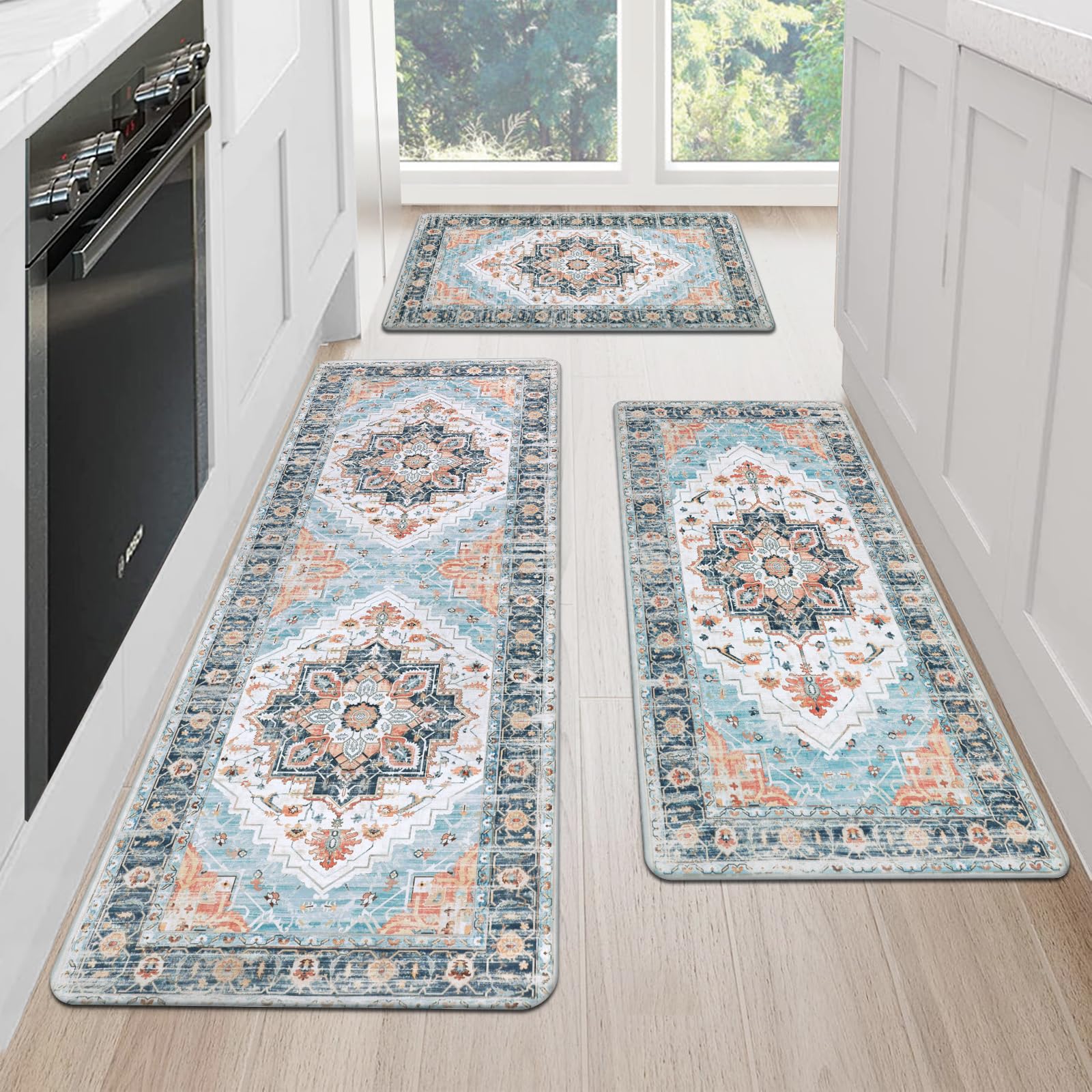 Cushioned Kitchen Rug Sets 3 Piece Anti Fatigue Kitchen Mats for Floor Non Slip Waterproof Kitchen Rugs and Mats Comfort Standing Mat Runner for Home Office,Sink,Laundry