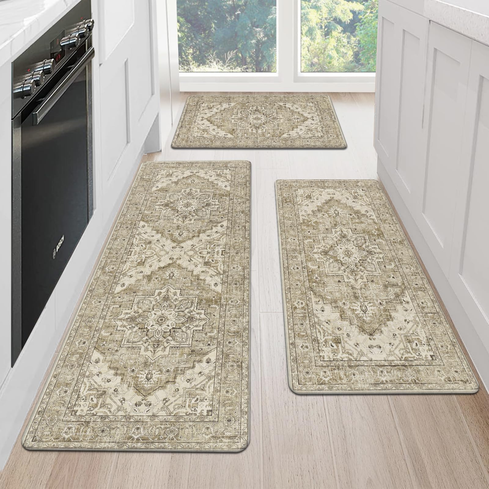 Cushioned Kitchen Rug Sets 3 Piece Anti Fatigue Kitchen Mats for Floor Non Slip Waterproof Kitchen Rugs and Mats Comfort Standing Mat Runner for Home Office,Sink,Laundry