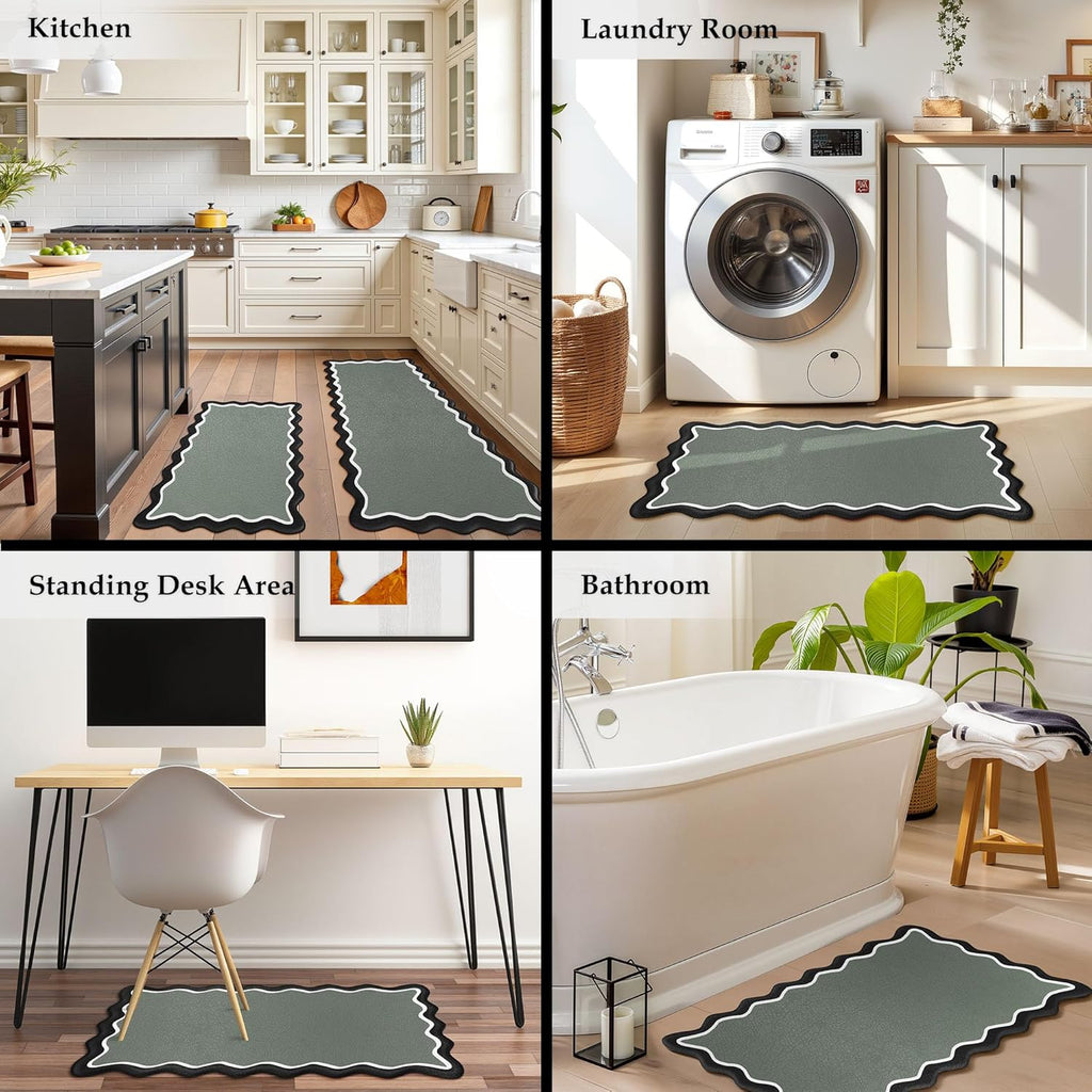 Scalloped Black Gray Kitchen Mats Rugs Sets of 2 Cushioned Anti Fatigue Floor Mat Waterproof Kitchen Rugs Non Slip Foam Comfort Standing Mat for Sink Laundry