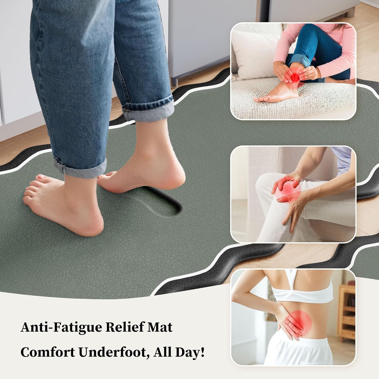 Scalloped Black Gray Kitchen Mats Rugs Sets of 2 Cushioned Anti Fatigue Floor Mat Waterproof Kitchen Rugs Non Slip Foam Comfort Standing Mat for Sink Laundry