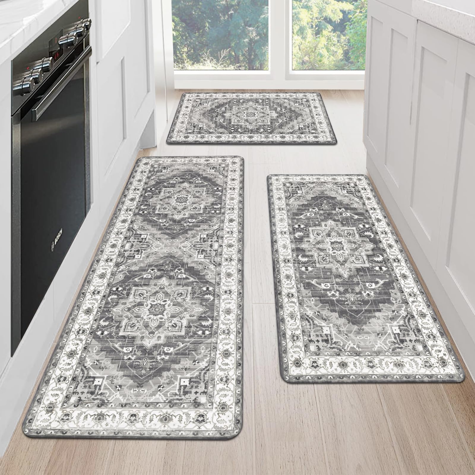Cushioned Kitchen Rug Sets 3 Piece Anti Fatigue Kitchen Mats for Floor Non Slip Waterproof Kitchen Rugs and Mats Comfort Standing Mat Runner for Home Office,Sink,Laundry