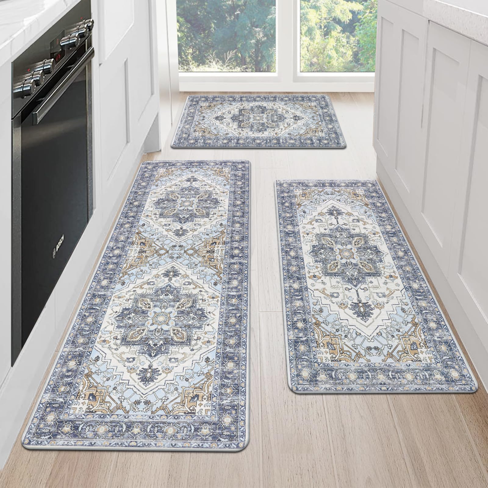 Cushioned Kitchen Rug Sets 3 Piece Anti Fatigue Kitchen Mats for Floor Non Slip Waterproof Kitchen Rugs and Mats Comfort Standing Mat Runner for Home Office,Sink,Laundry