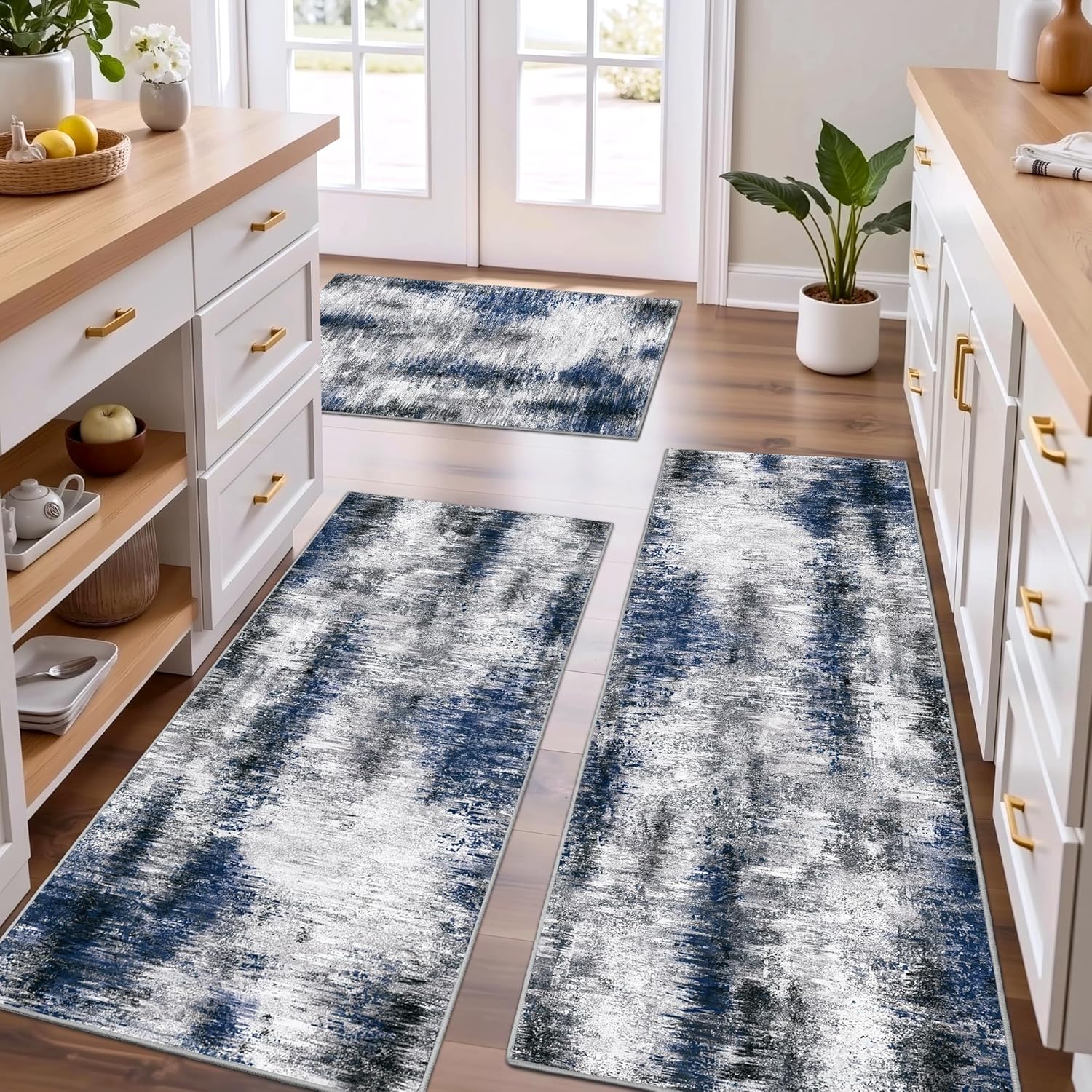 Tritard Upgrade Non Slip Kitchen Rugs Sets of 3 Washable Kitchen Mats for Floor Abstract Kitchen Runner Rug Soft Floor Mat Set Kitchen Carpet Rugs for Hallway, Laundry, Entryway, Office, Blue Grey