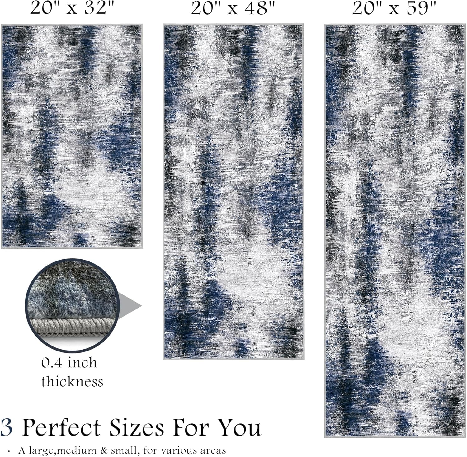 Tritard Upgrade Non Slip Kitchen Rugs Sets of 3 Washable Kitchen Mats for Floor Abstract Kitchen Runner Rug Soft Floor Mat Set Kitchen Carpet Rugs for Hallway, Laundry, Entryway, Office, Blue Grey