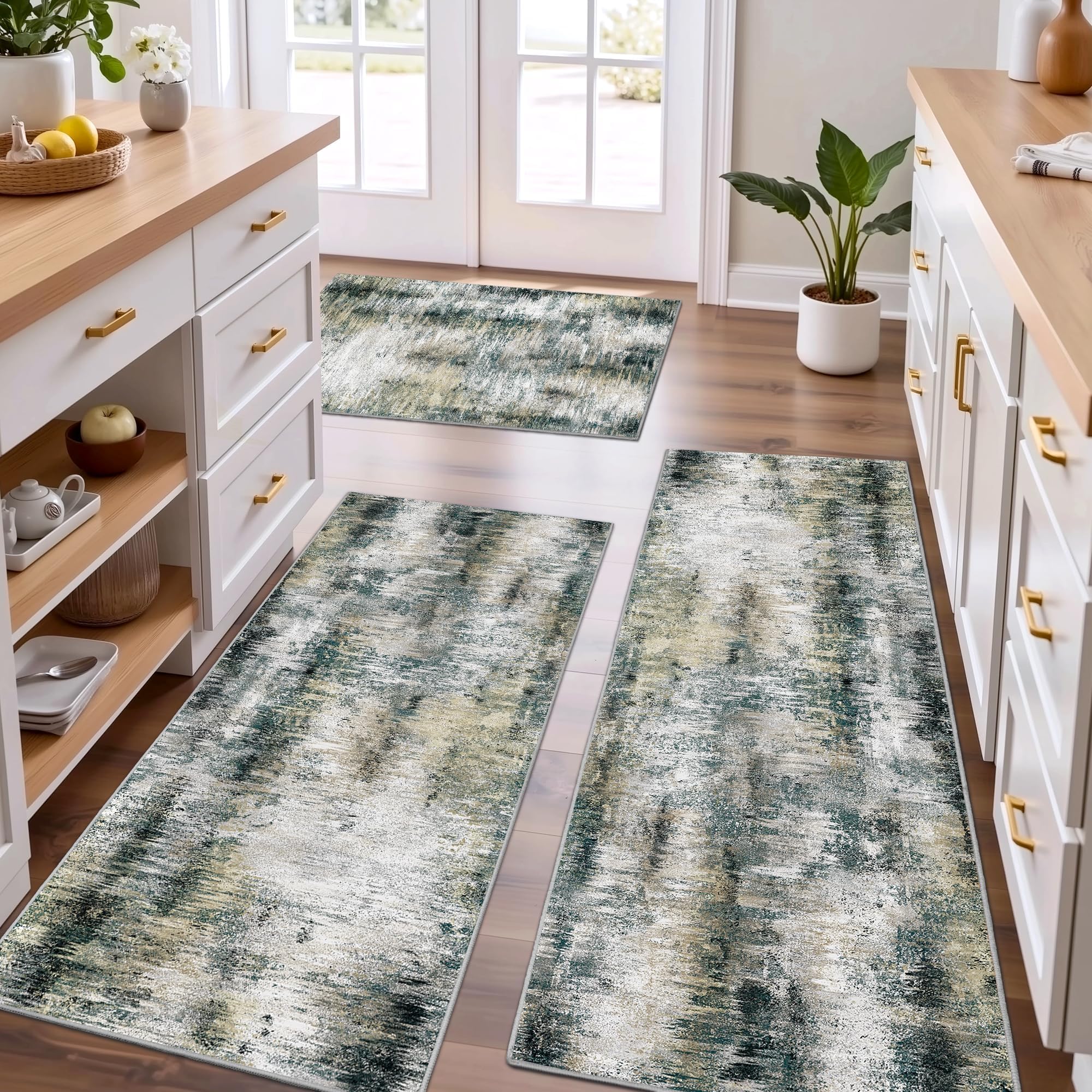Tritard Upgrade Non Slip Kitchen Rugs Sets of 3 Washable Kitchen Mats for Floor Abstract Kitchen Runner Rug Soft Floor Mat Set Kitchen Carpet Rugs for Hallway, Laundry, Entryway, Office, Blue Grey