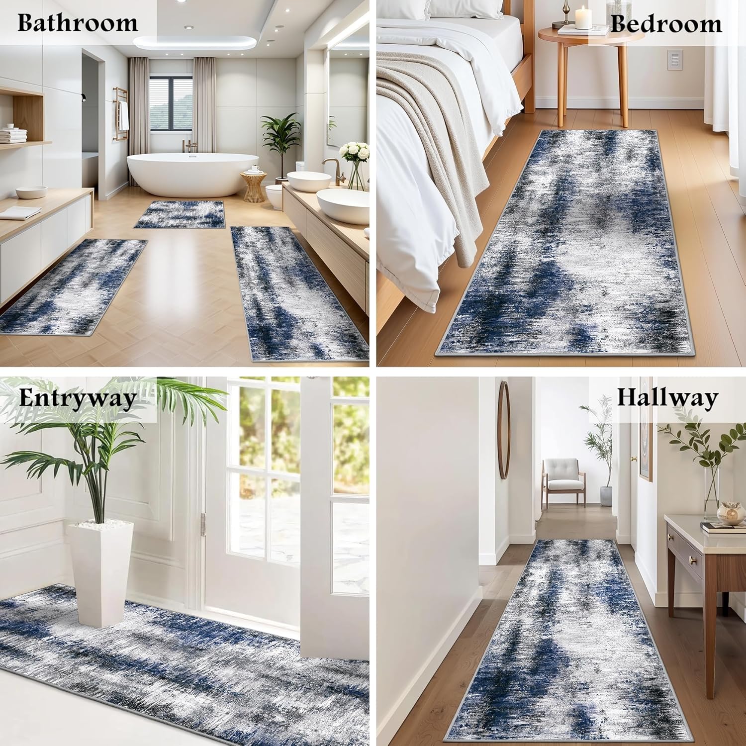 Tritard Upgrade Non Slip Kitchen Rugs Sets of 3 Washable Kitchen Mats for Floor Abstract Kitchen Runner Rug Soft Floor Mat Set Kitchen Carpet Rugs for Hallway, Laundry, Entryway, Office, Blue Grey